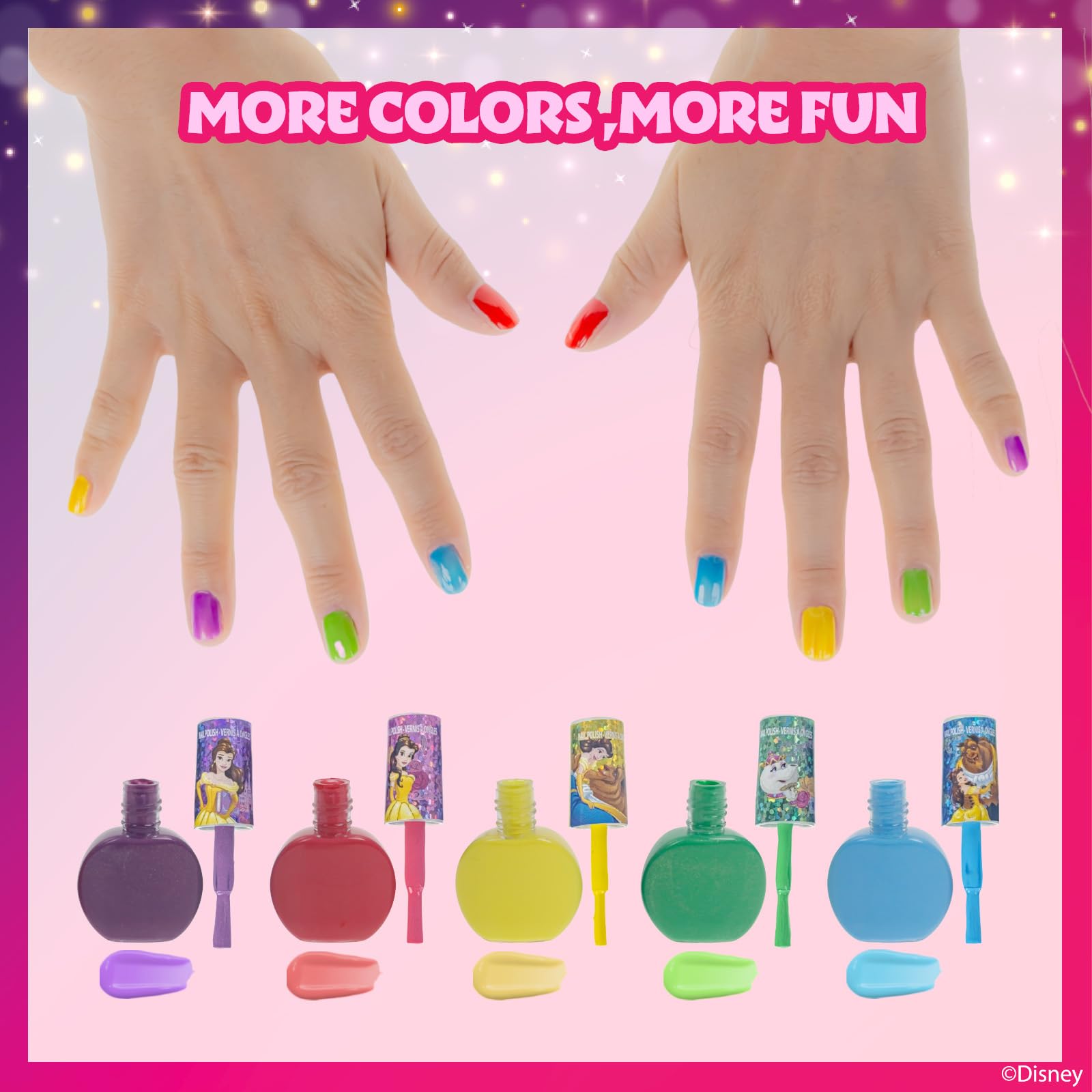 Townley Girl Disney Princess Belle 18 Piece Water-Based Nail Polish Set, Quick Dry and Peels-Off, Nail Paint Set for Girls, Perf