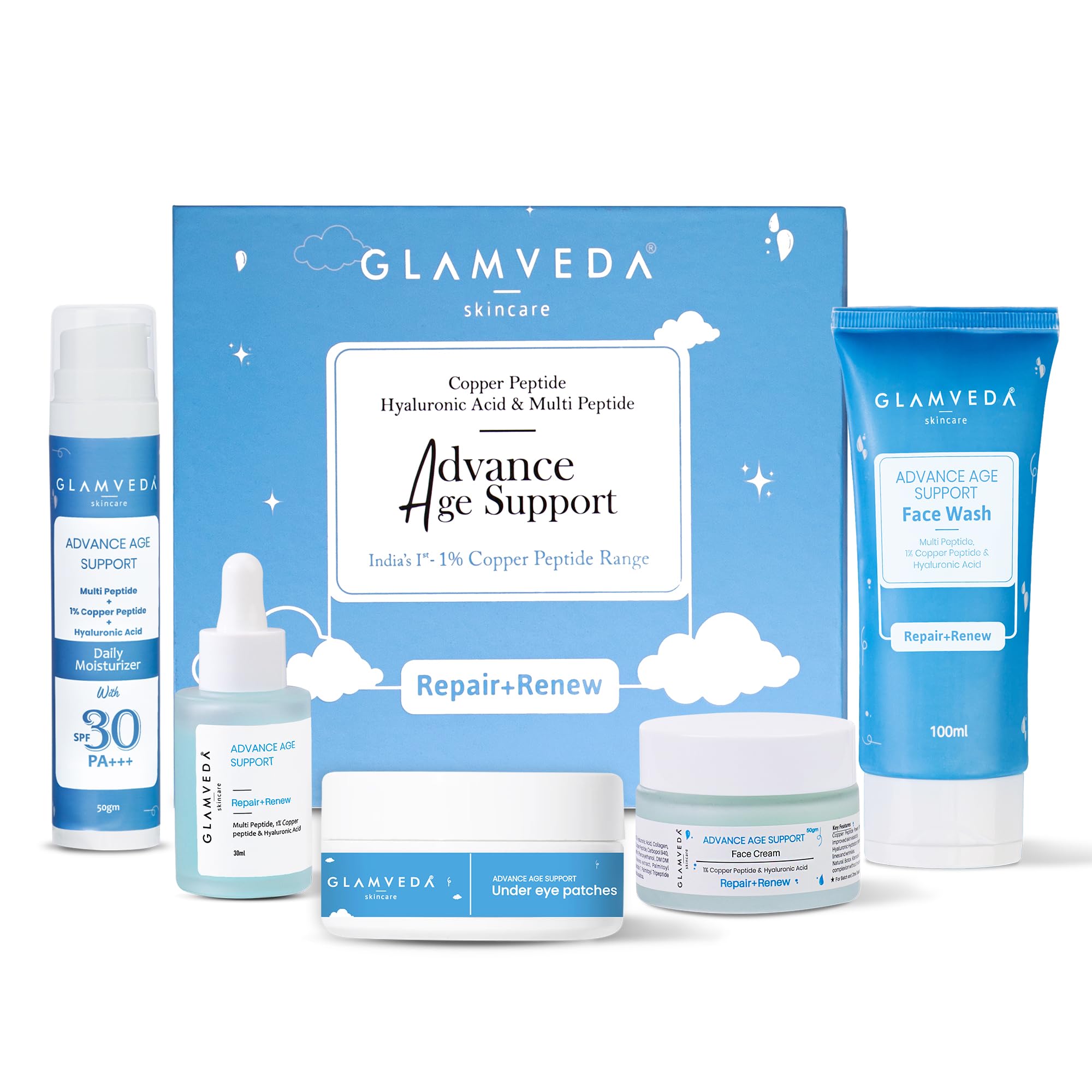 Glamveda 1% Copper Peptide & Hyaluronic Acid 5 Step Skincare Routine For Dull And Ageing Skin | Reduces Fine Lines & Wrinkles | 