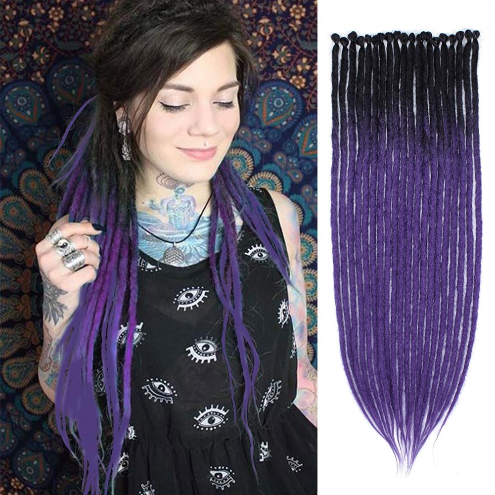 Kraler 24'' Thick Dreadlock Extensions, 20 Strands 1cm Width SE Ombre Deep Purple Crochet Dreadls Extensions of Synthetic Hair H