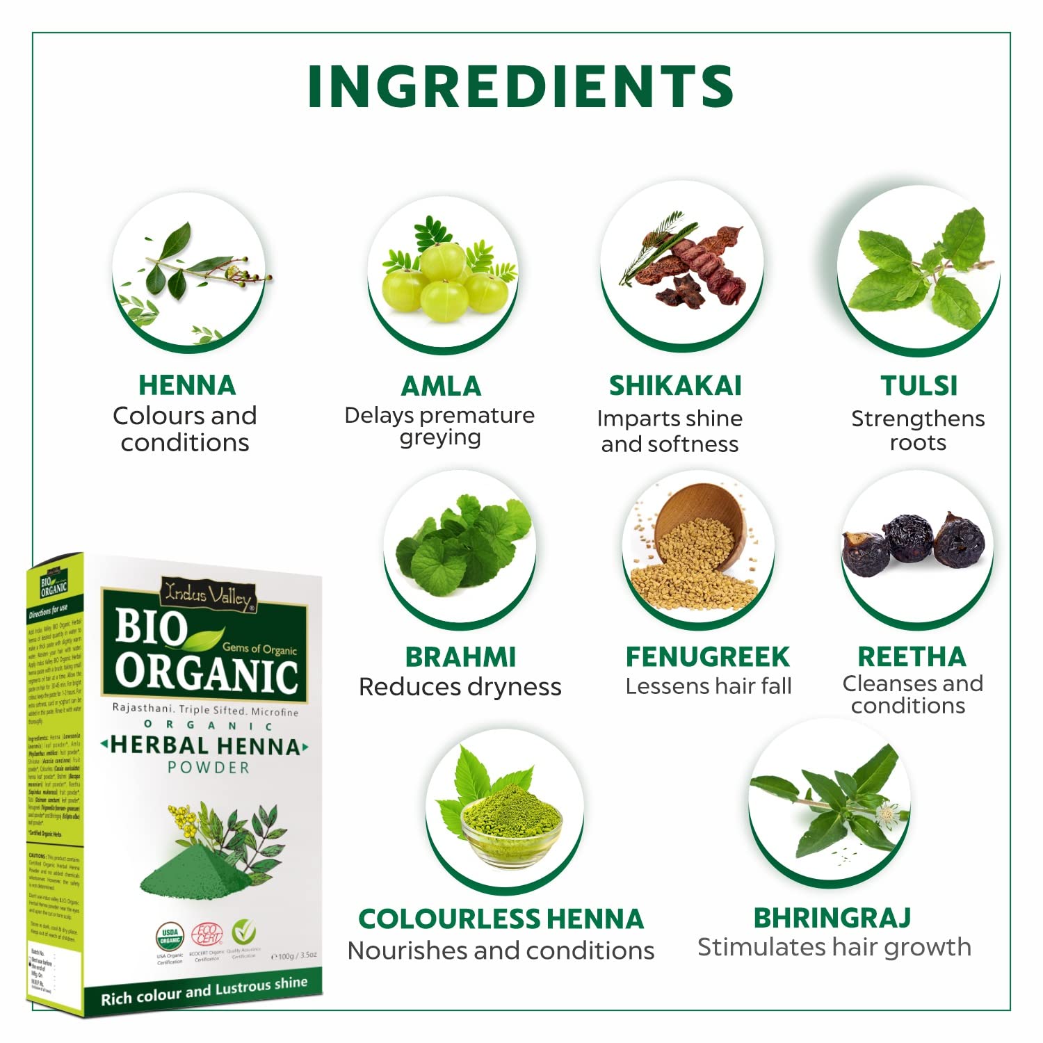 INDUS VALLEY Bio Organic Herbal Henna Powder for Rich, Long-Lasting Color & Lustrous Shine, Includes Hair Dye Brush for Easy App