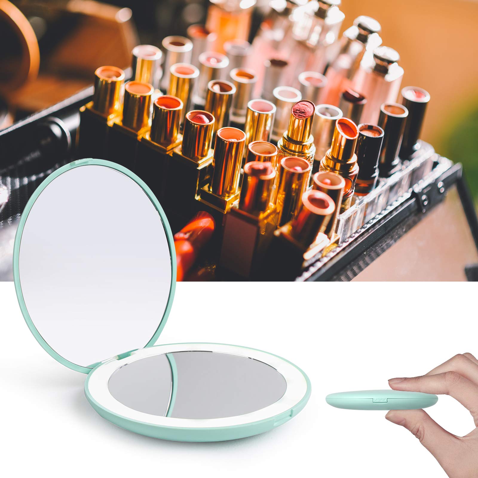 Wobsion 1X/10X Magnification Compact Mirror For Purses,Compact Mirror With Light,Handheld 2-Sided Mirror,Travel Makeup Mirror,3.