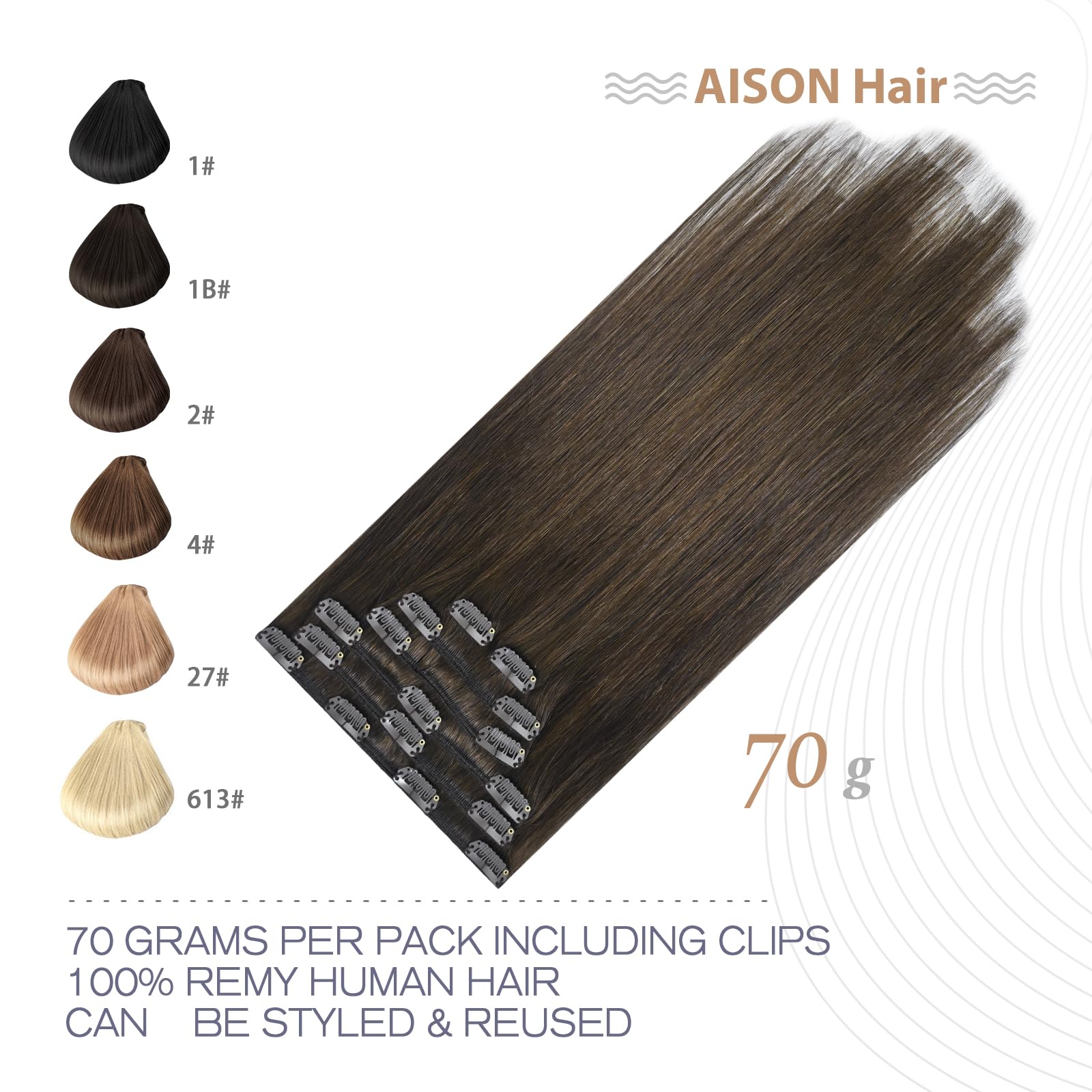 Aison Medium Brown Clip in Hair Extensions Real Human Hair 70G 100% Chocolate Brown 15 Inches Remy Human Hair Extensions Clip in