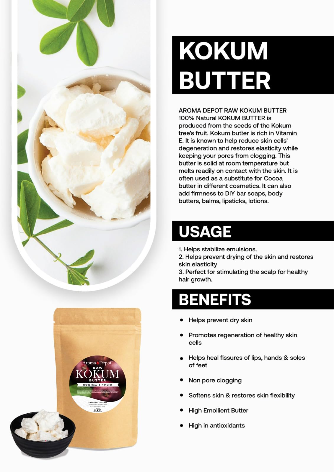 Aroma Depot 2 Lb. Raw Unrefined Kokum Butter Jar Great For Skin, Body And Hair. 100% Pure I Natural I Cold Pressed I Thickener F