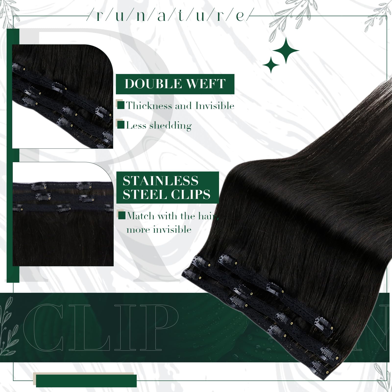Runature Black Hair Extensions Clip In Straight Black Human Hair Extensions Clip Ins 14 Inch Black Clip In Hair Extensions Human