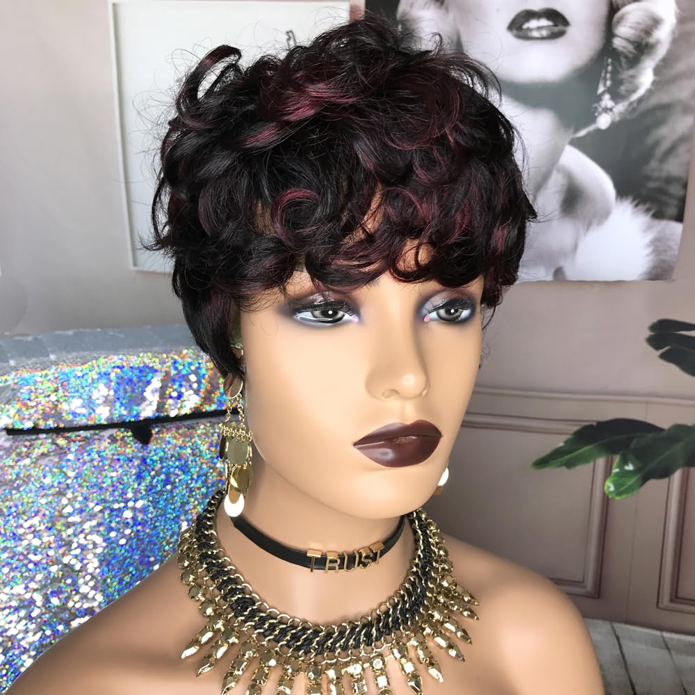 Hotkis Human Hair Short Curly Wigs For Black Women Pixie Cut Wig Human Hair Burgundy Short Wigs Human Hair Short Curly Human Hai