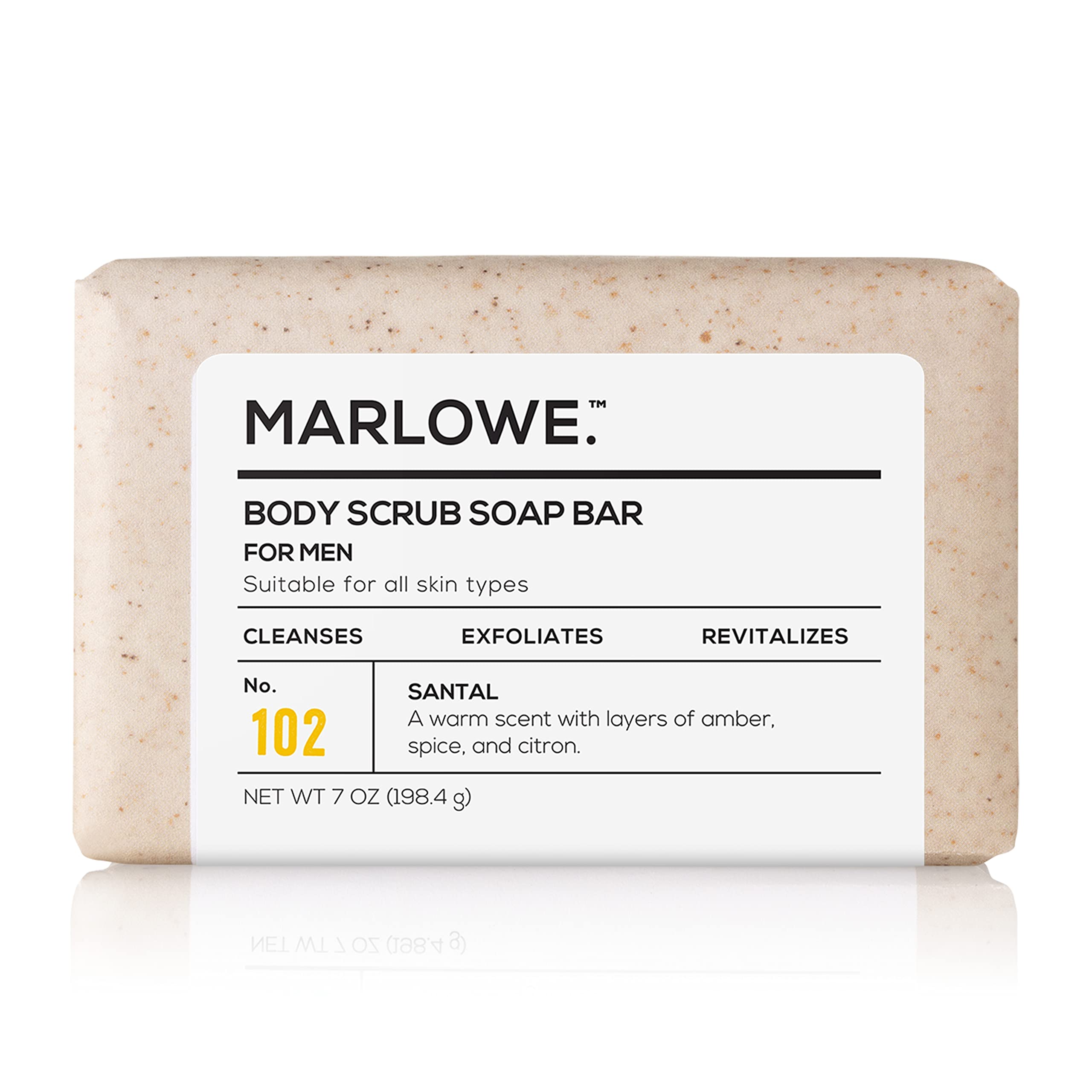 MARLOWE. No. 102 Men's Body Scrub Soap 7 oz, Warm Santal Scent, Best Exfoliating Bar for Men, Made with Natural Ingredients, Apr