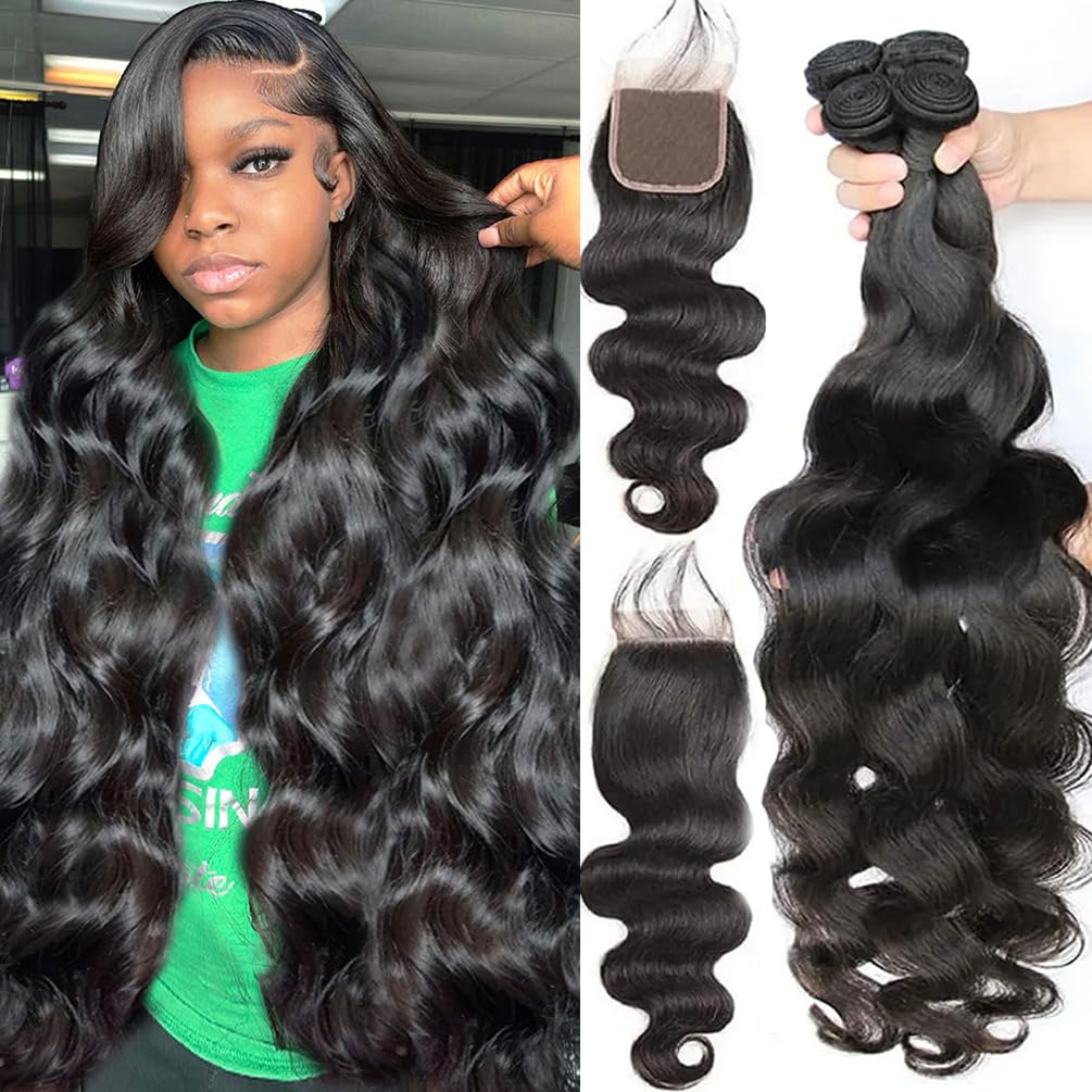 Body Wave Bundles with Closure (16 18 20 22+14 Closure) Human Hair Brazilian 4 Bundles with 4x4 Lace Closure Free Part 12A 100% 