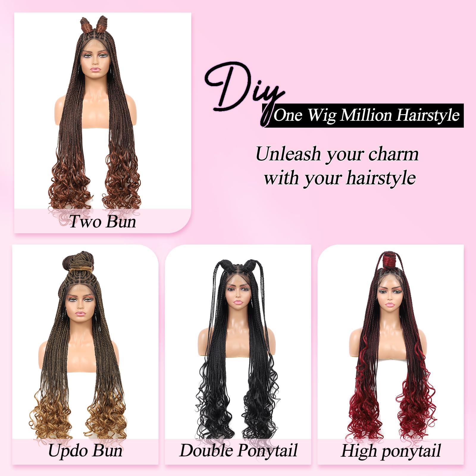 Kalyss Full Double Lace Front Knotless Braided Wigs For Women Box Braided Wig With Curly Ends Human Hair Blended Long Brown Brai