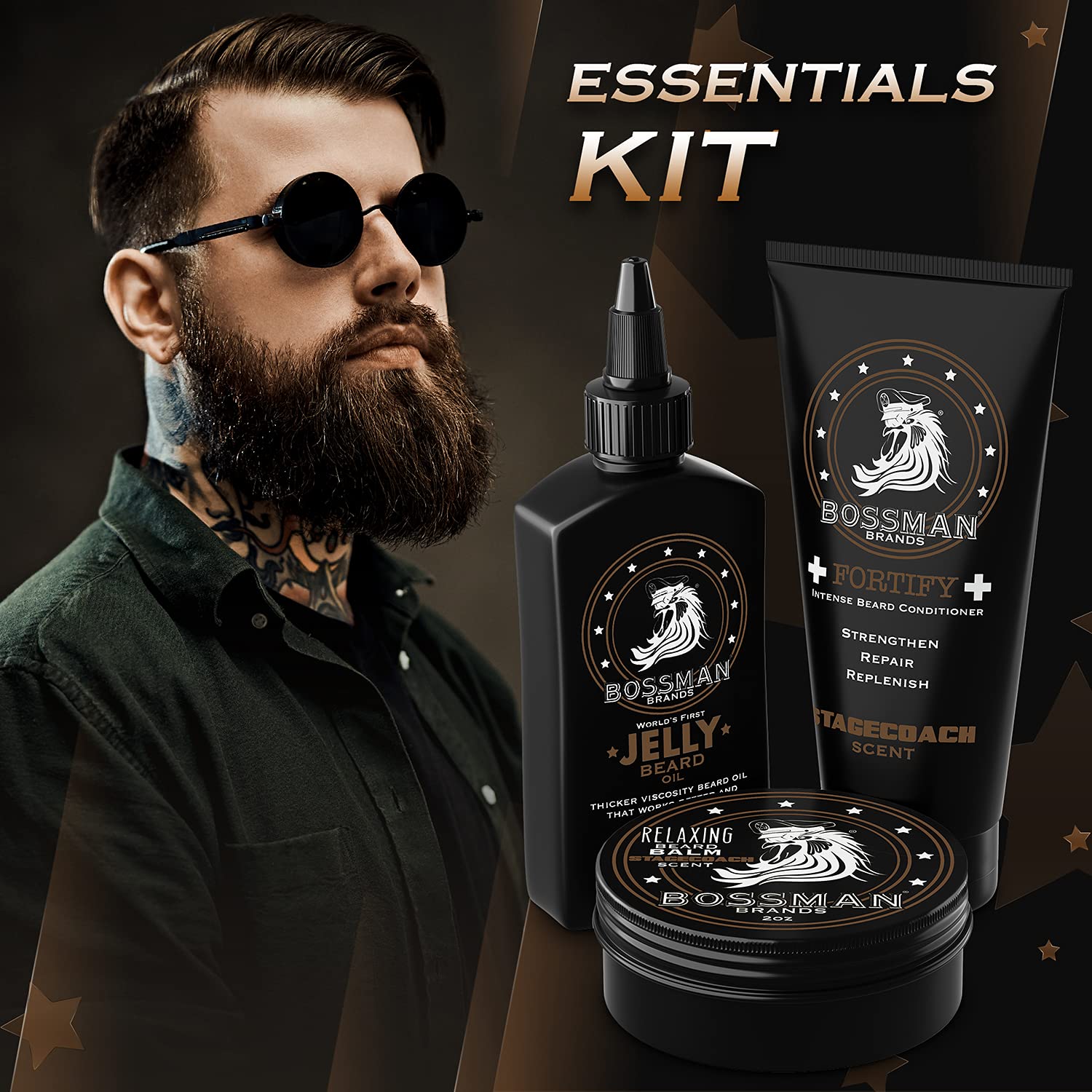 Bossman Essentials Beard Kit for Men - Beard Oil Jelly, Fortifying Conditioner Cream, Beard Balm - Grooming Growth Care Accessor