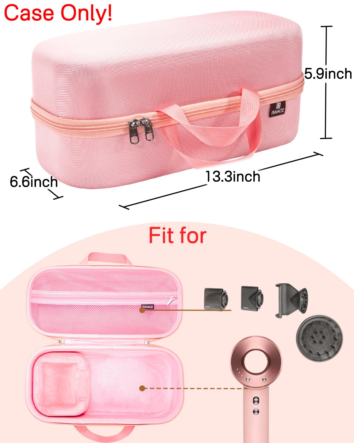RAIACE Hard Storage Case Compatible with Dyson Hair Dryer, Travel Carrying Bag. (for Sale is case only). - Rose Red