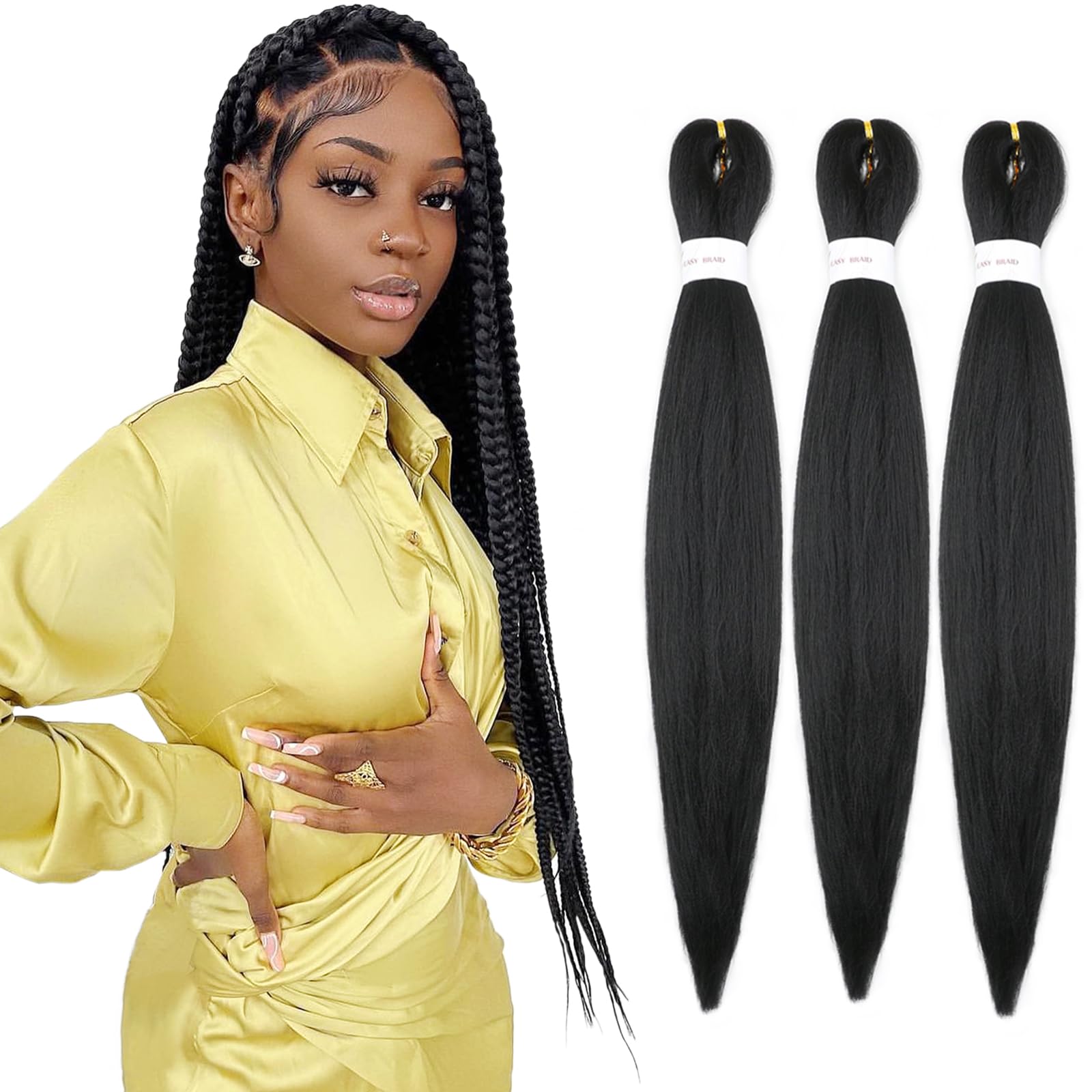 Iximii 3 Packs #1B Pre Stretched Braiding Hair 16 Inch Natural Black Kanekalon Hair Soft Prestretched Long Straight Synthetic Br