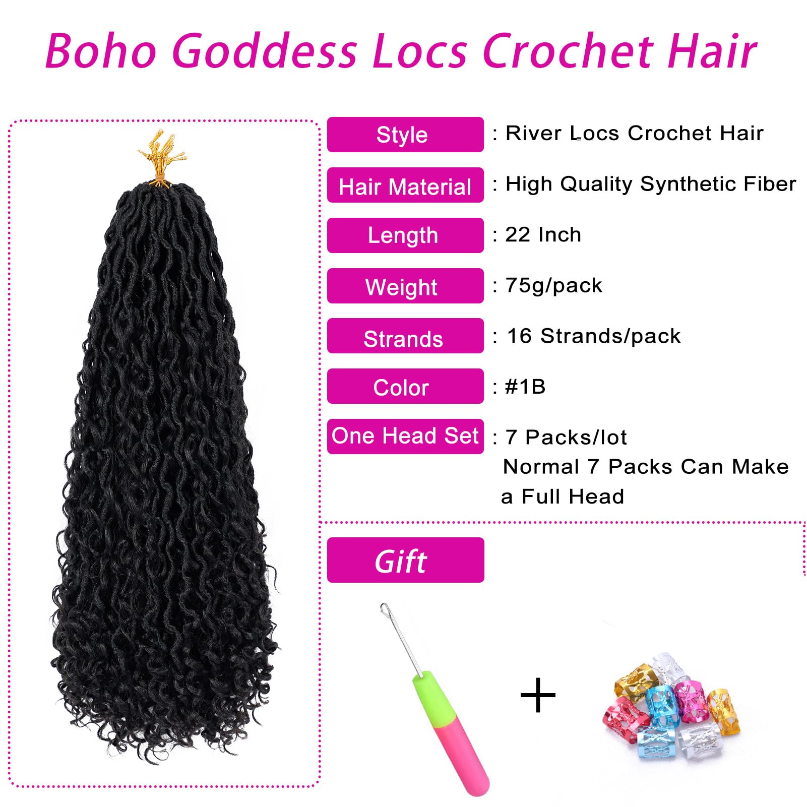 Goddess Locs Crochet Hair 22 Inch 7 Packs Boho Faux Locs Crochet Hair for Black Women Pre Looped Crochet Locs with Curly Ends (#