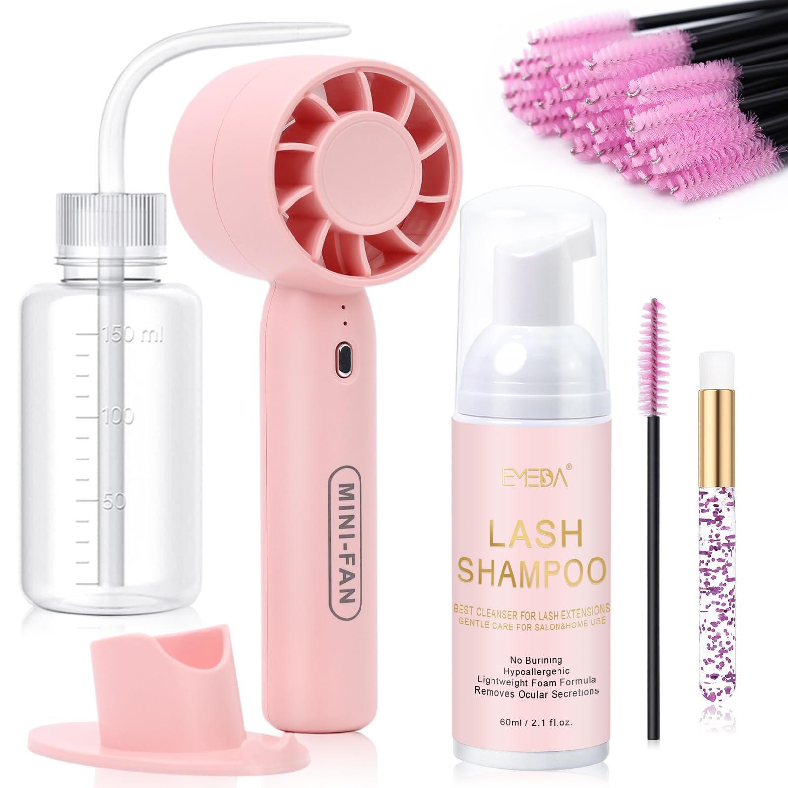 EMEDA Lash Shampoo Kit 2.02 fl oz Lash Cleaning Kit with Rechargeable Fan Dryer/Brush/Rinse Bottle, Oil-free Cleanser Wash for E