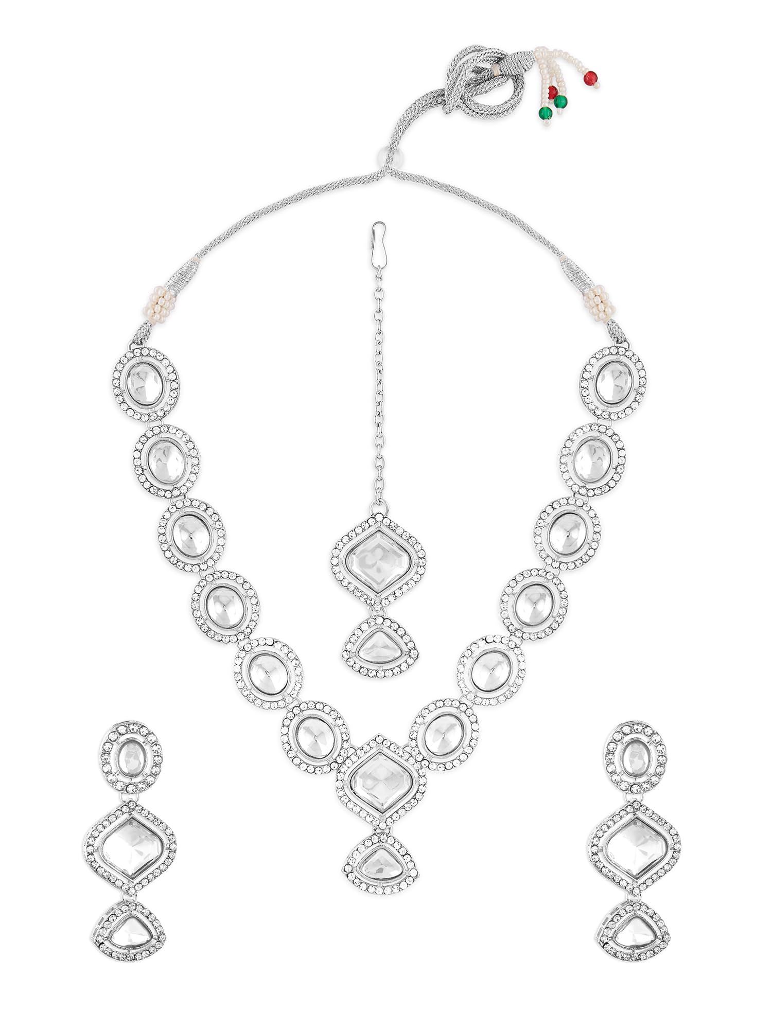 Zaveri Pearls Silver Tone Dazzling Stones Embellished Necklace Earring & Maangtikka Set For WomenZpfk17572
