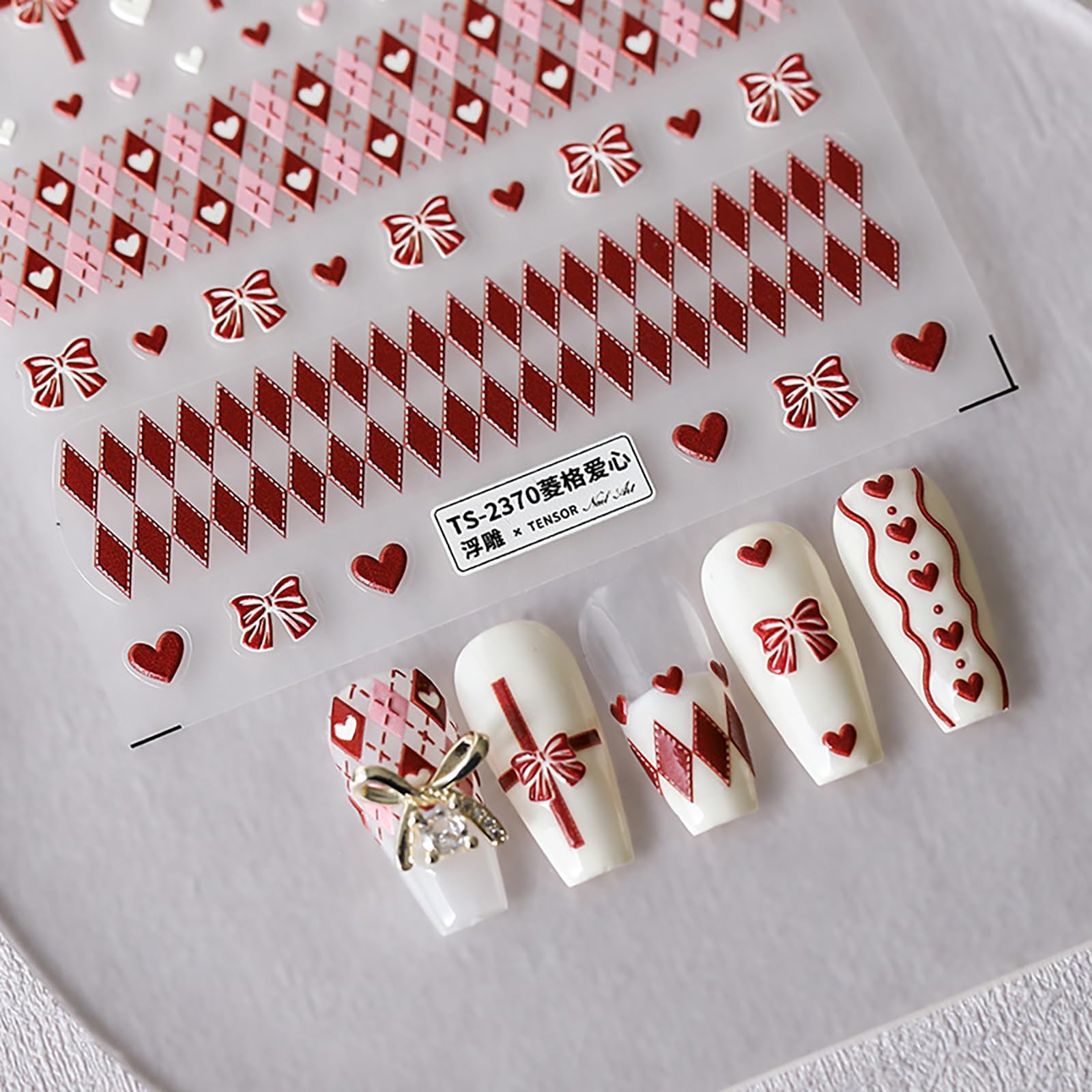 Bow Valentine's Day Nail Art Stickers Decals 5D White Red Heart Nail Stickers Exquisite Red Heart Design Valentine's Day Nail De