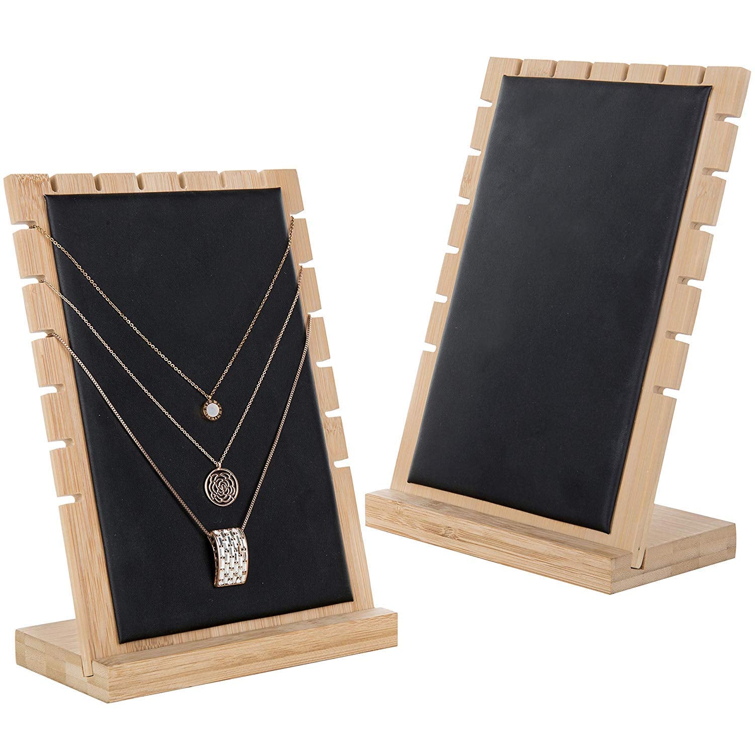 MyGift Modern Bamboo Necklace Jewelry Tabletop Display Boards, Set of 2,Black