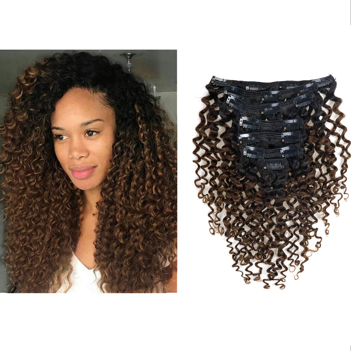 LacerHair Jerry Curly Clip in Human Hair Extensions Real Remy 100% Brazilian Virgin Hair 120G Balayage Natural Black Fading into