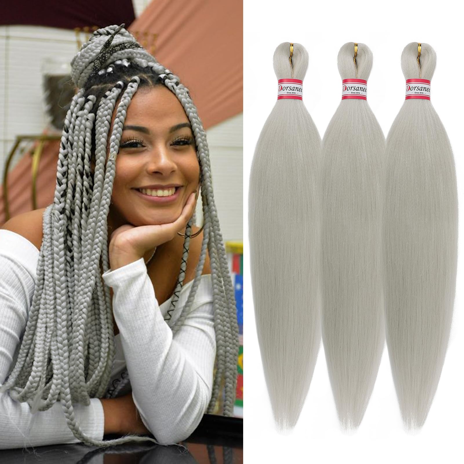 Dorsanee Grey Braiding Hair Pre Stretched 20 Inch 3 Packs Professional Easy Braiding Hair For Crochet Braids Twists Locs Hair So