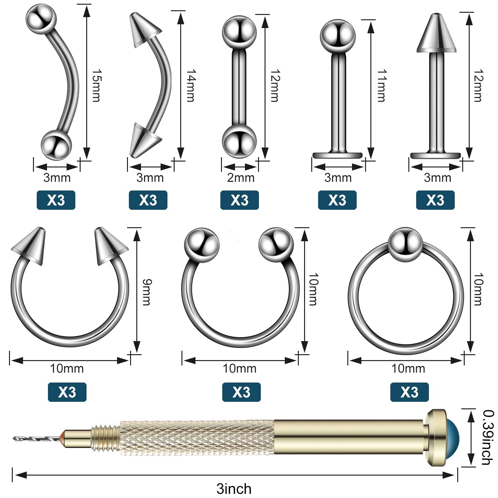 25 Pieces Nail Dangle Charms With Nail Piercing Tool Hand Drill, Nail Jewelry Rings Nail Charms Pierced Nail Supplies For Tips,
