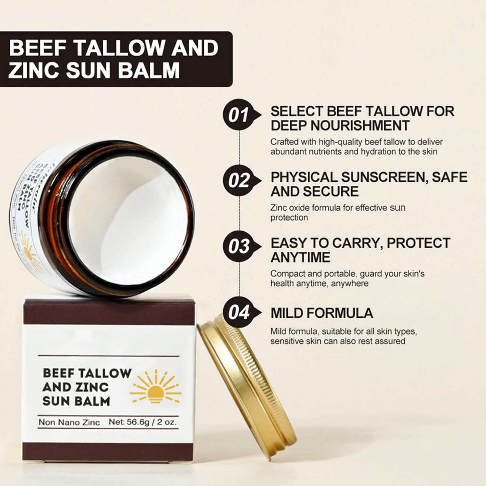 Beef Tallow and Zinc Sun Balm - Beef Tallow for Skin Instant Sun Protection, Beef Tallow Sunscreen for Face and Body Non Greasy