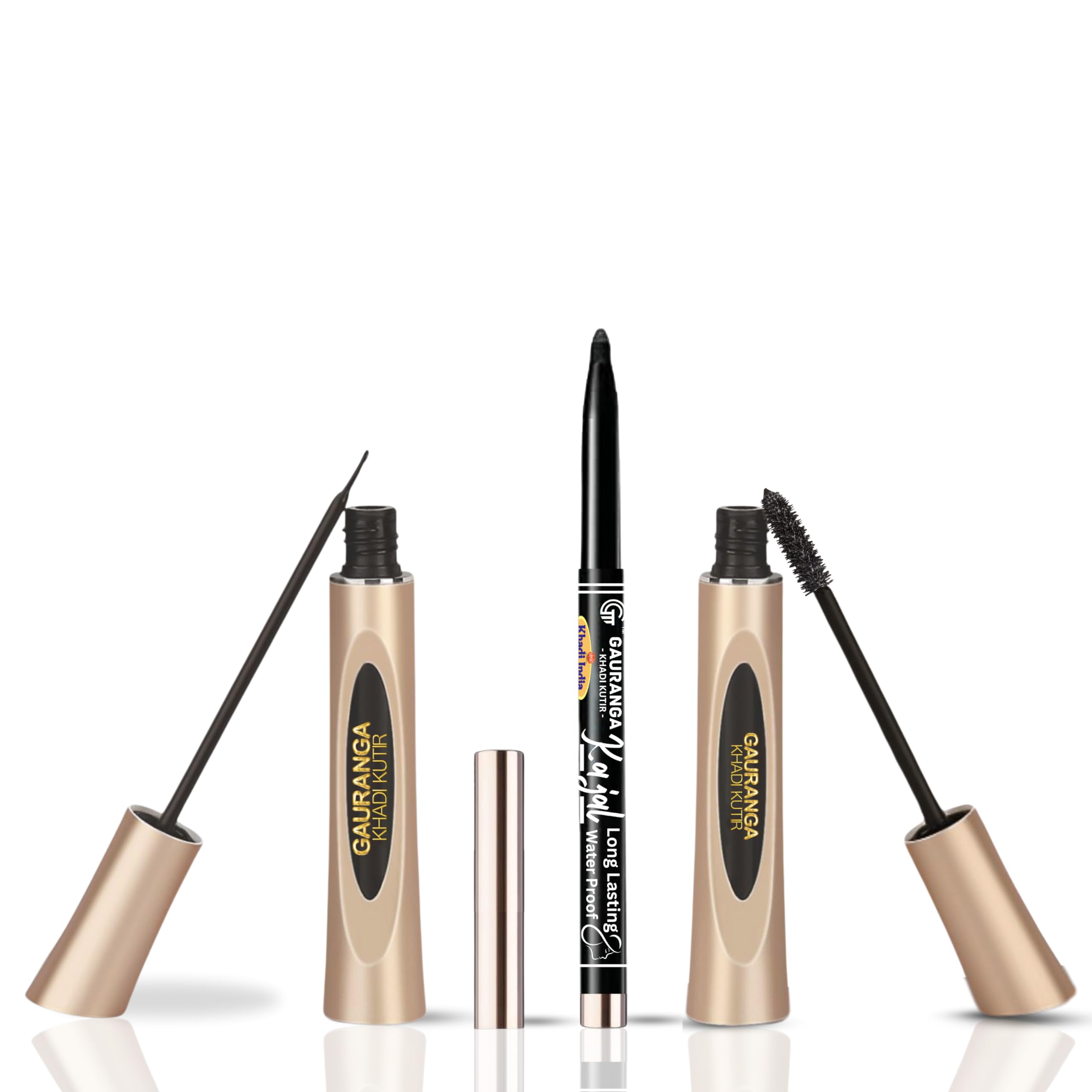 Gauranga Khadi Herbal Eyeliner, Mascara & Kajal  Black, Almond Oil And Vitamin E Hydrate And Nourish The Eyes Intensely. Ingred