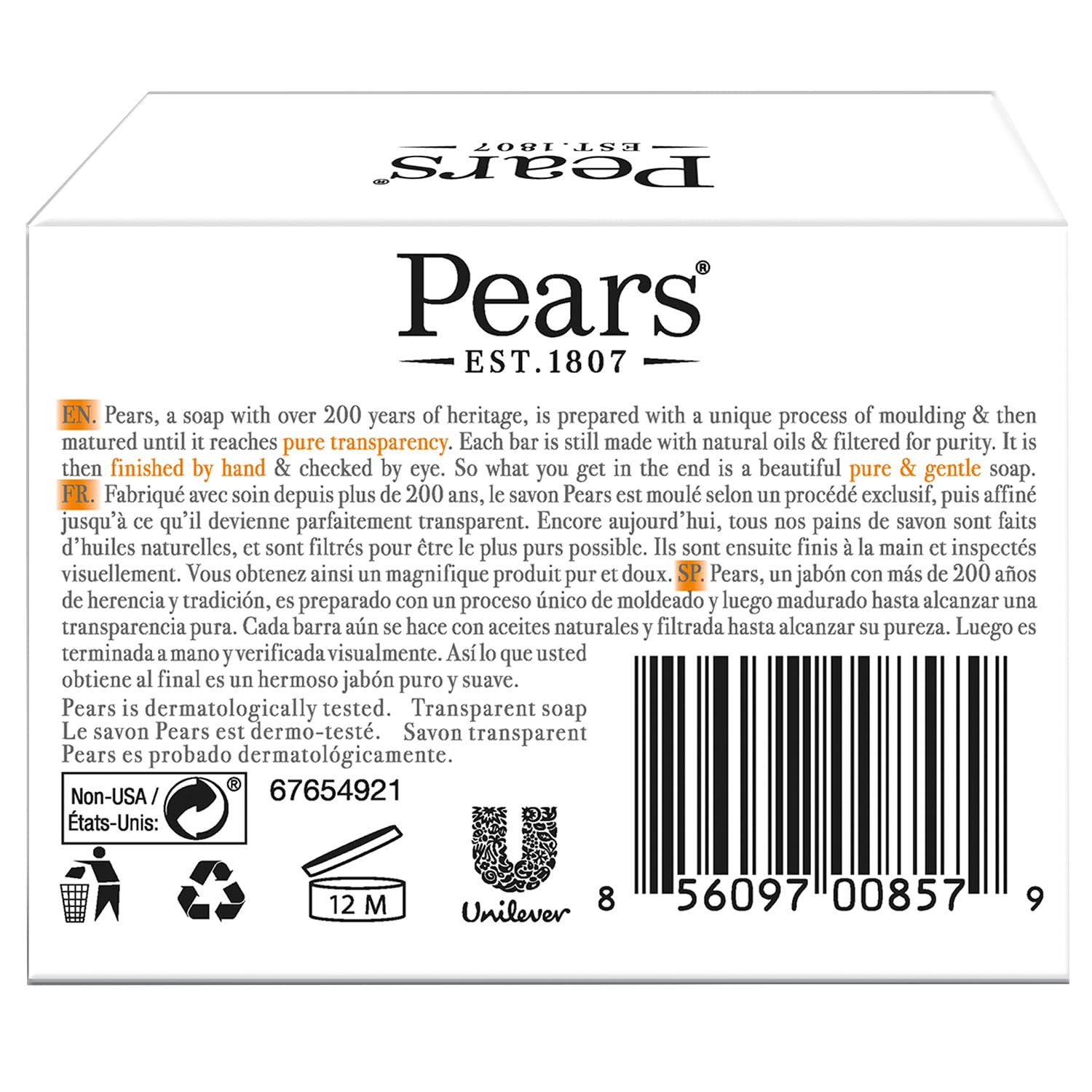 PEARS Soap, Face & Body Soap, Amber - Pure & Gentle Transparent Bar Soap, Moisturizing Glycerin Soap with Natural Oils for Pampe