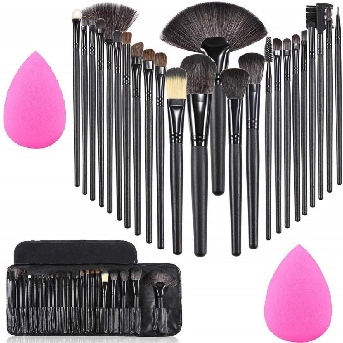 Angelie Professional Wood Make Up Brushes Sets With Leather Storage Pouch  24 Pc (Handle Colour May Vary) + 2 Sponge Puff (Colo