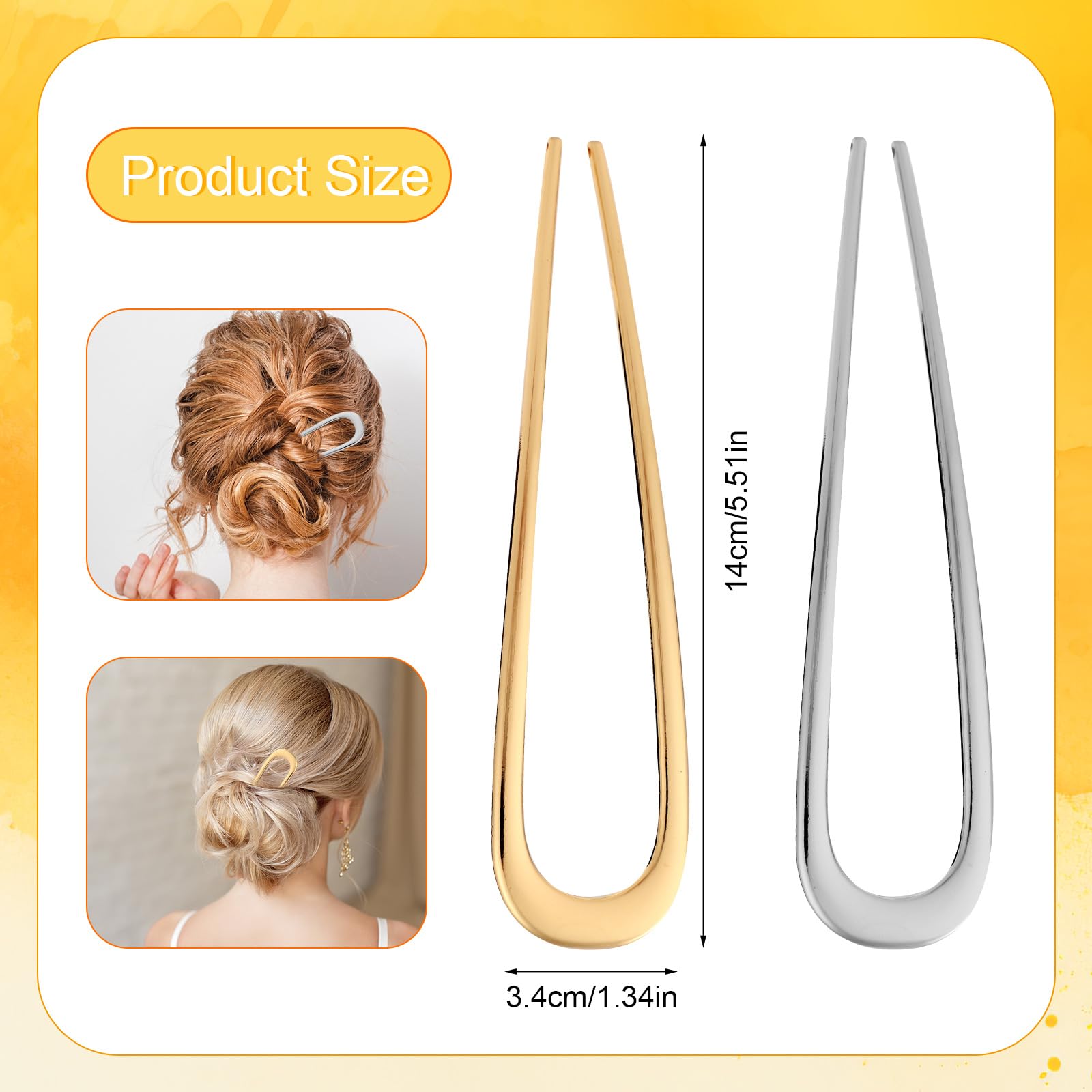 2pcs Metal French Hair Pins for Thick Hair, U-Shaped Stick Hair Pins Metal French Twist Hair Pin Fork for Women Girls Hair Types