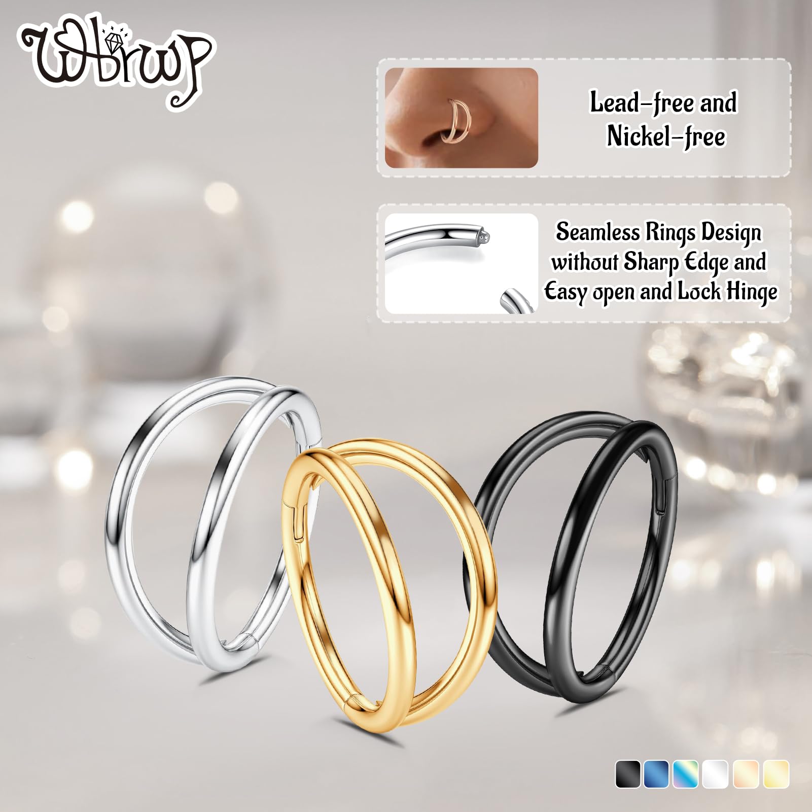 WBRWP Nose Ring Lip Rings Septum-Clicker : Double Ring Open Stacked Silver Ring 20G 10mm 316L Surgical Steel Sleeper Earring Hel
