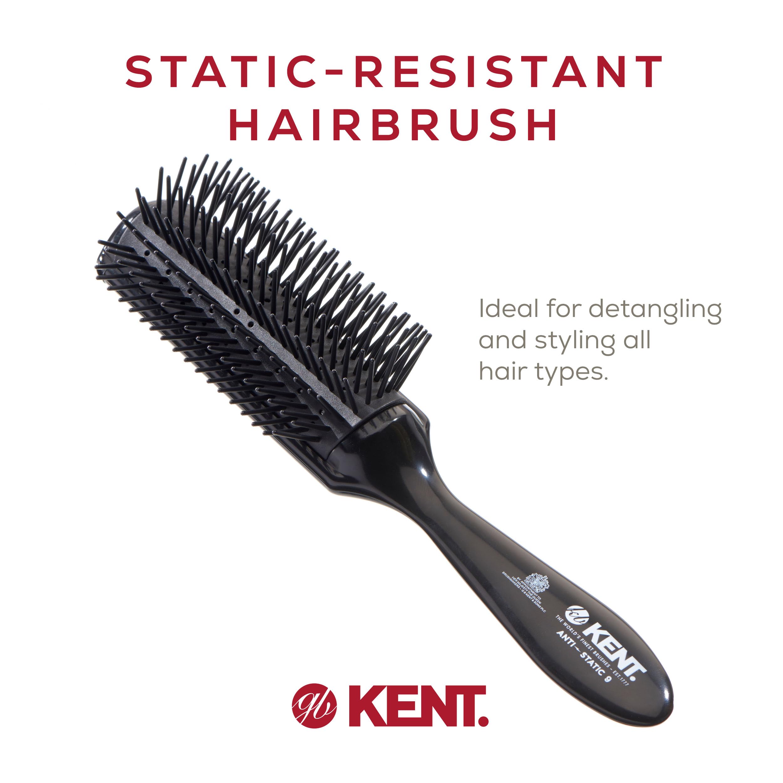 KENT AS9 Anti Static Hair Brush - 9-Row Mini Hairbrush for Smoothing & Curling - Black Rubber Nylon - Perfect for Medium or Long Hair