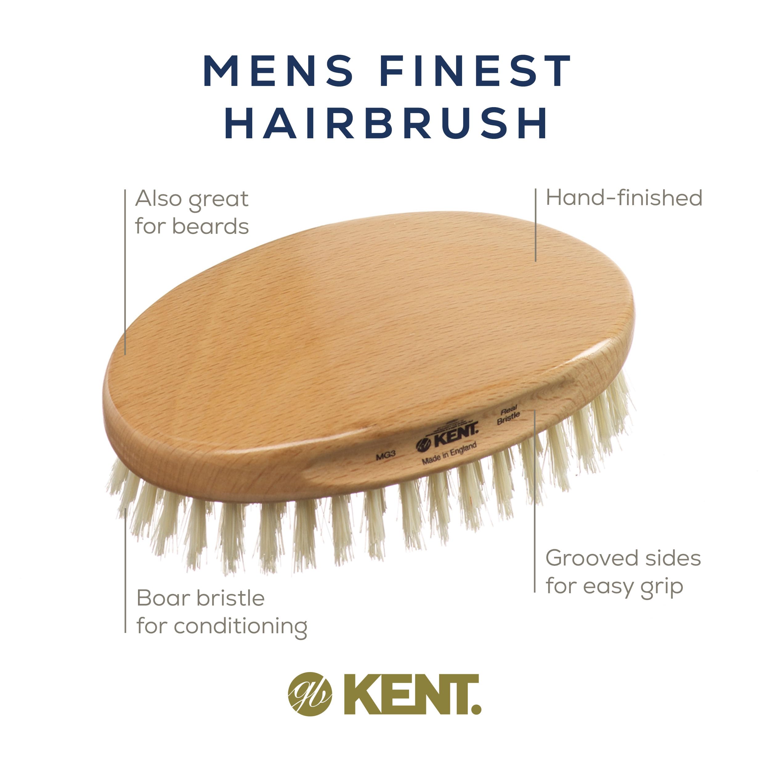 Kent MG3 Finest Men's Hair Brush & Beard Brush for Skin Care, Natural White Boar Bristle Brush for Mens Grooming, Scalp Brush, 3