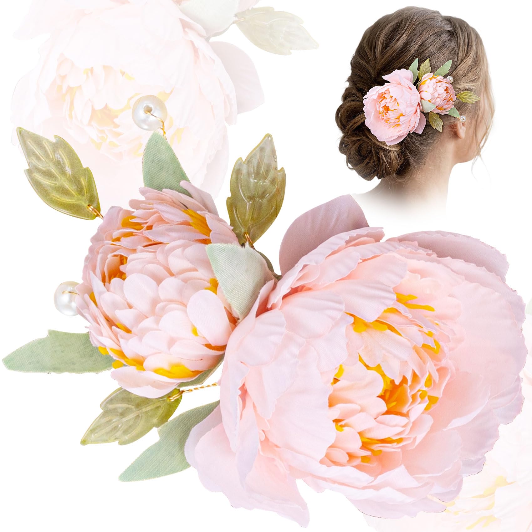 PAGOW Pink Flower Hair Clips for Women, Vintage NonSlip Floral Barrette with Faux Pearl, Bridal Flower Headpiece Silk Twin Peon