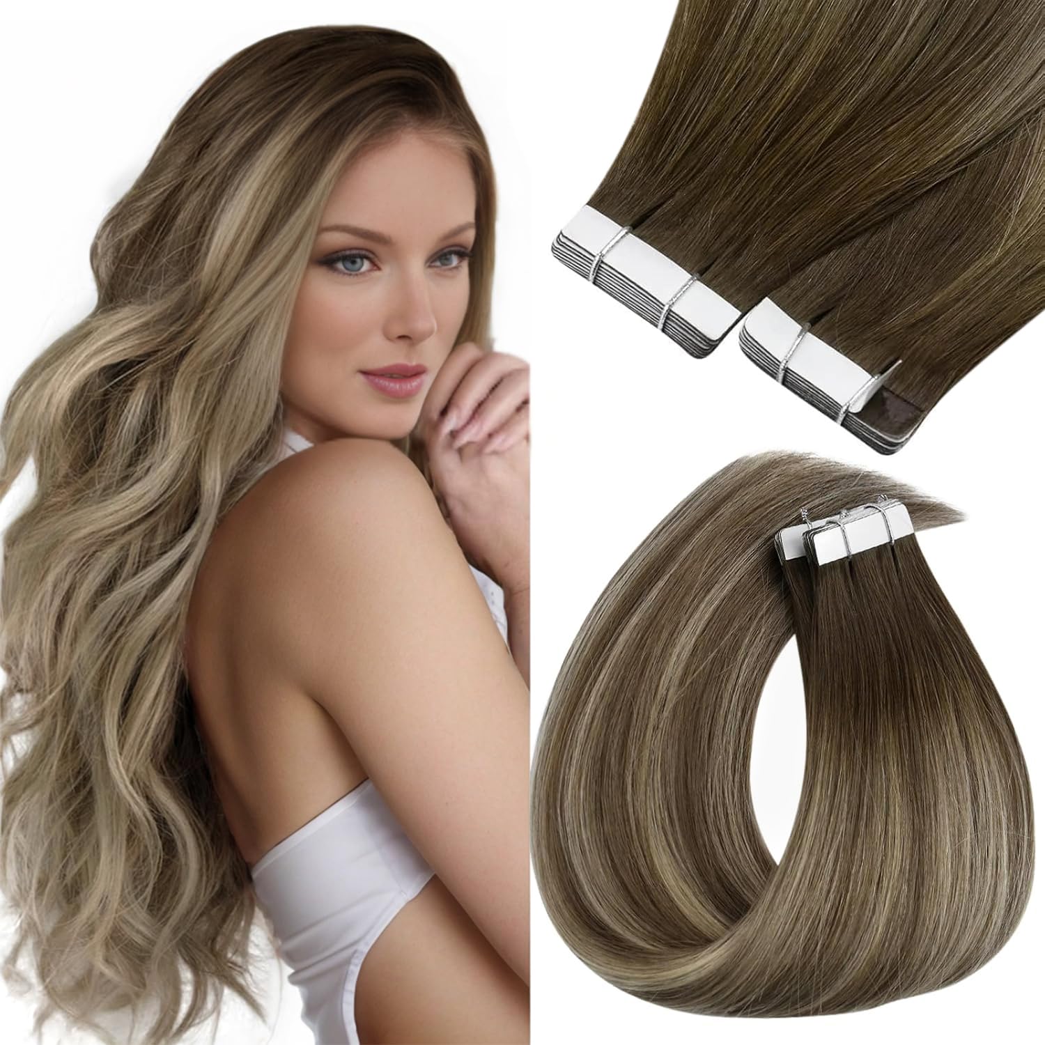 Sunny Hair Tape in Hair Extensions Real Human Hair Invisible Remy Hair Extensions Tape ins for Women Cool Brown to Light Brown H