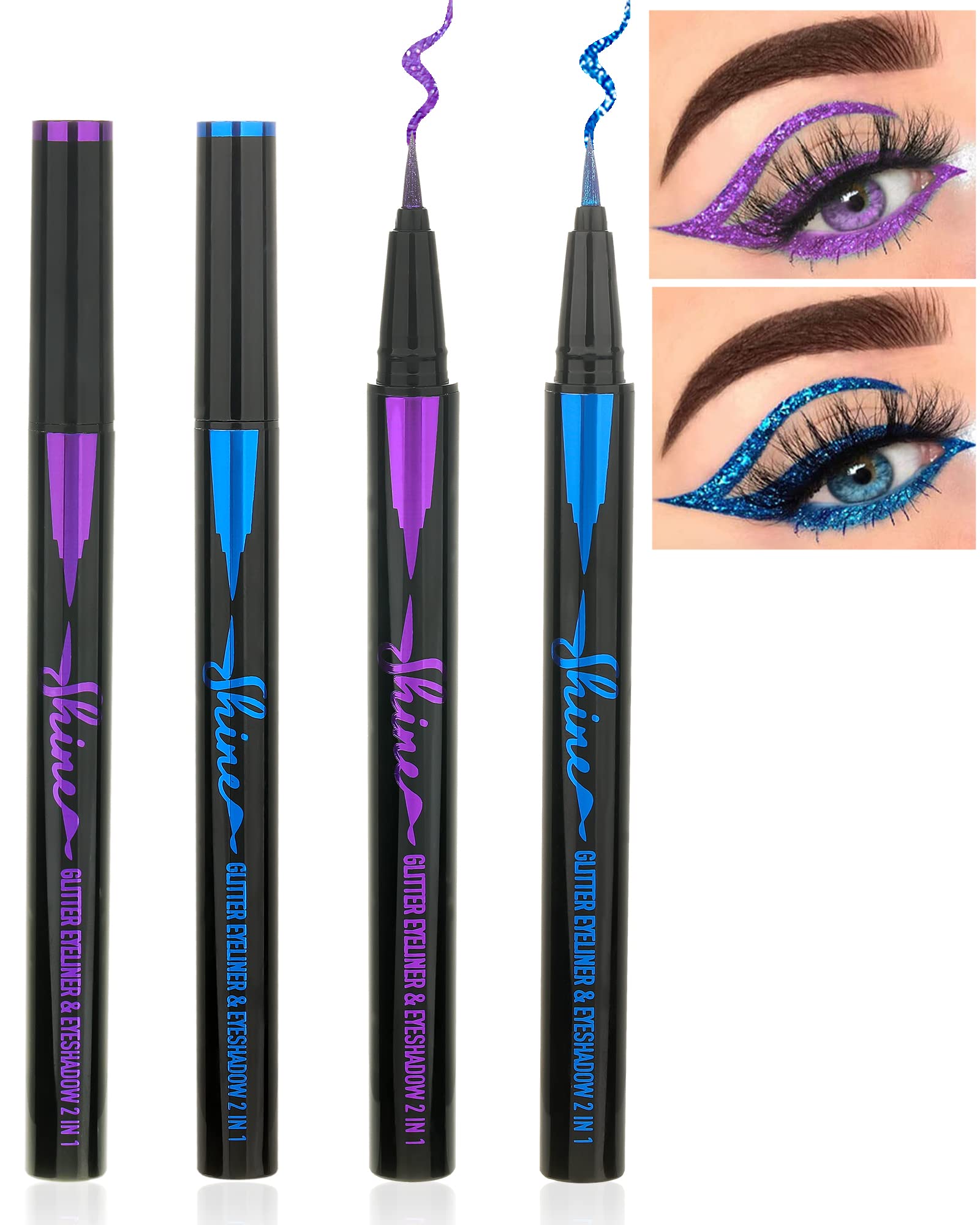 Glitter Eyeliner Liquid Liner Pen-2Pcs Blue Purple Metallic Satin Shimmer Sparkling Eye Liner Eyeshadow Makeup Pen, Long Lasting