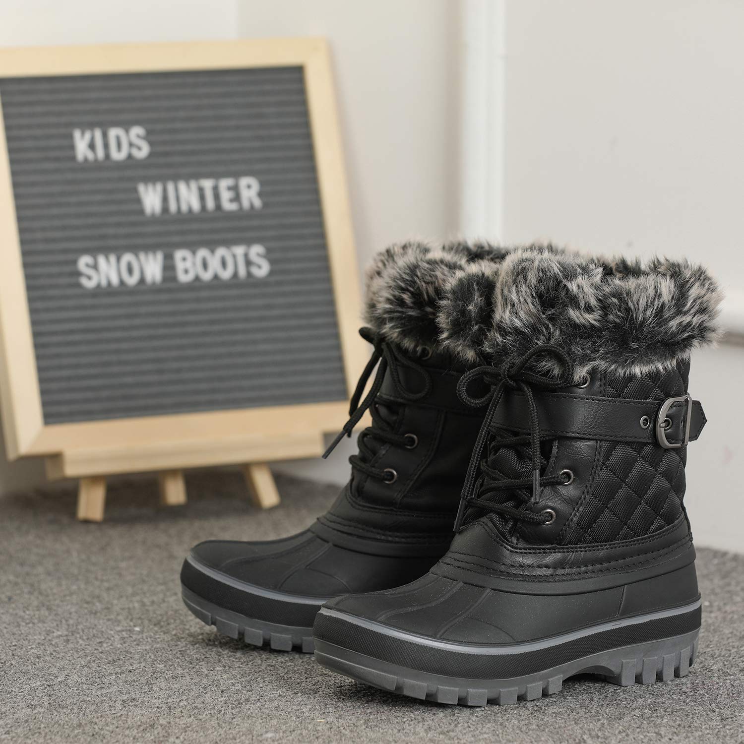 Dream Pairs Boys Black Faux Fur-Lined Insulated Waterproof Winter Snow Boots Kriver-3 Size 11 Little Kid