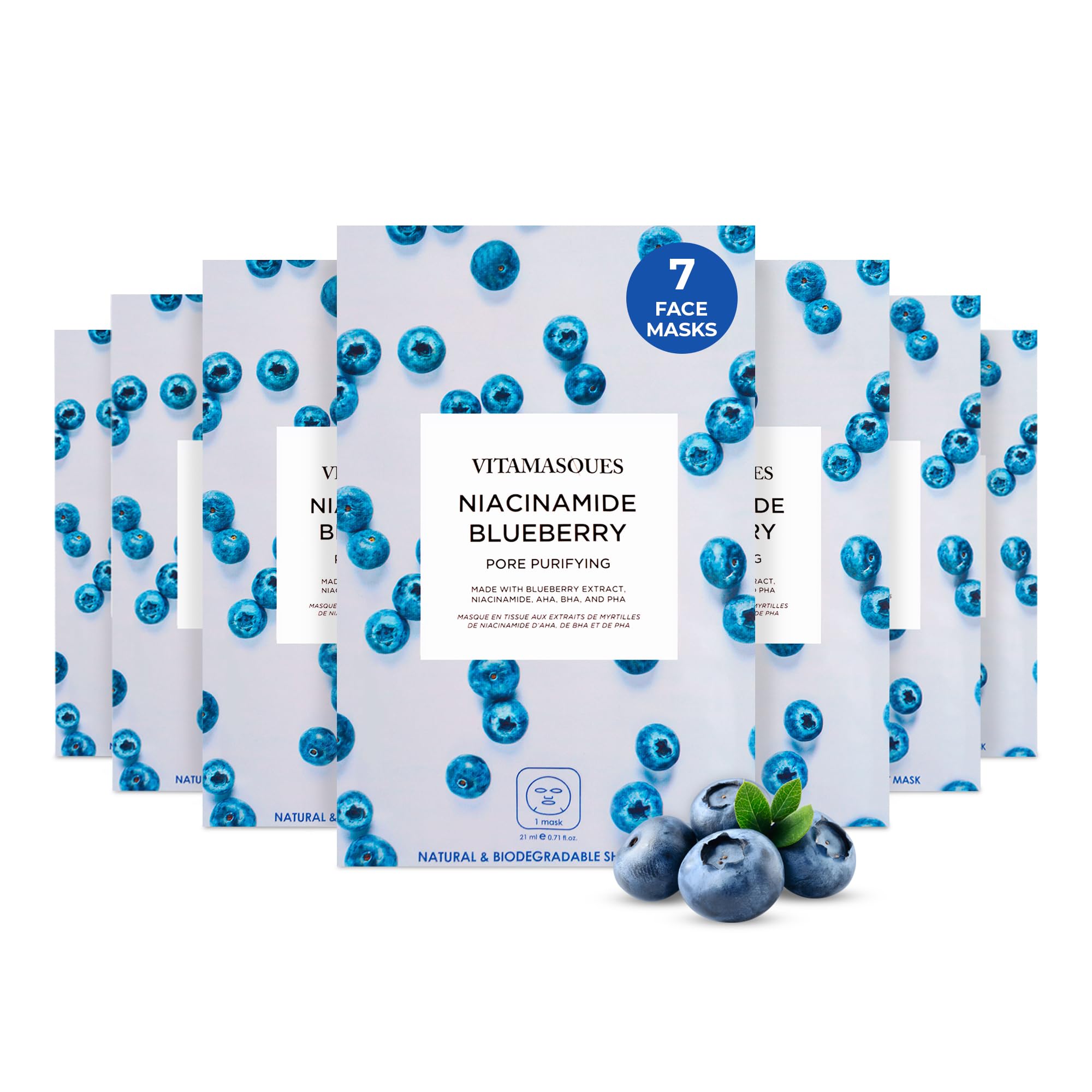 Vitamasques Niacinamide Blueberry Face Sheet Mask 7 Pack - Pore Purifying Korean Face Mask Improves Uneven Skin Tone & Reduces B
