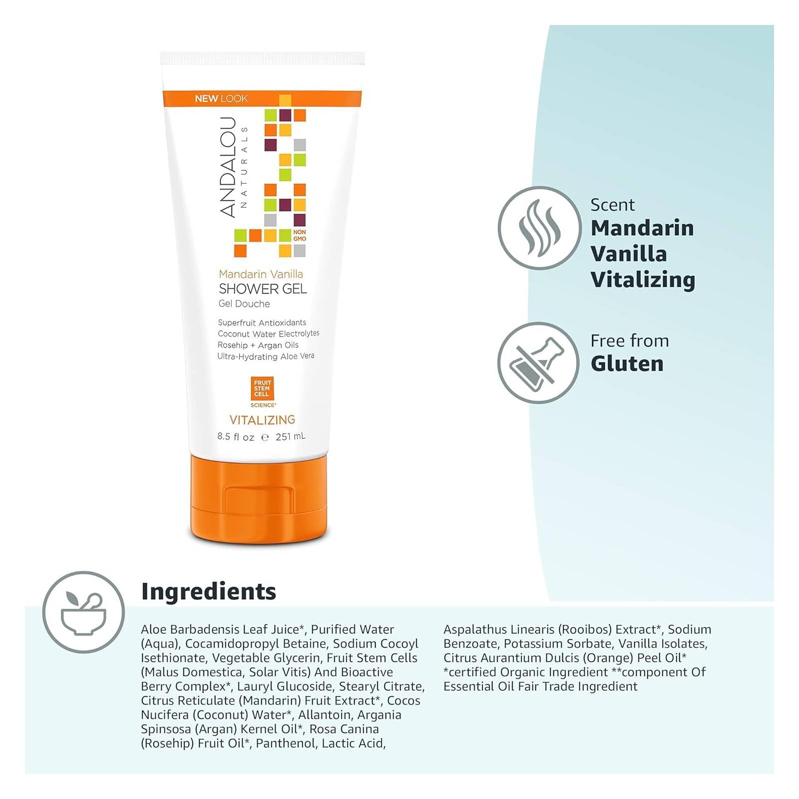 Andalou Naturals Mandarin Vanilla Vitalizing Shower Gel, 8.5 Fl. Oz., Gently Cleanses And Protects Skins Moisture With Argan Oil