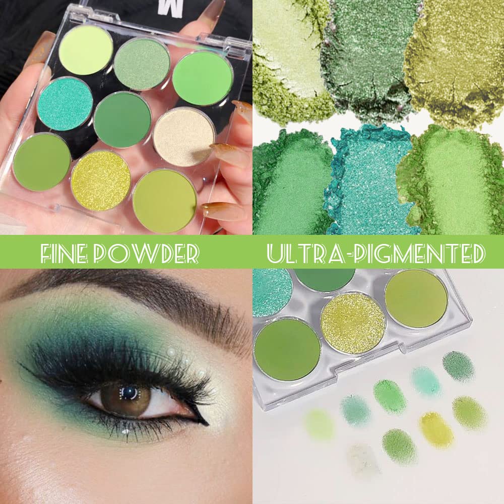 Amy'S Diary Green Eyeshadow Palette Green Glitter Makeup,Light Deep Green Yellow 9 Colors Matte Glitter Eyeshadow Long Lasting C