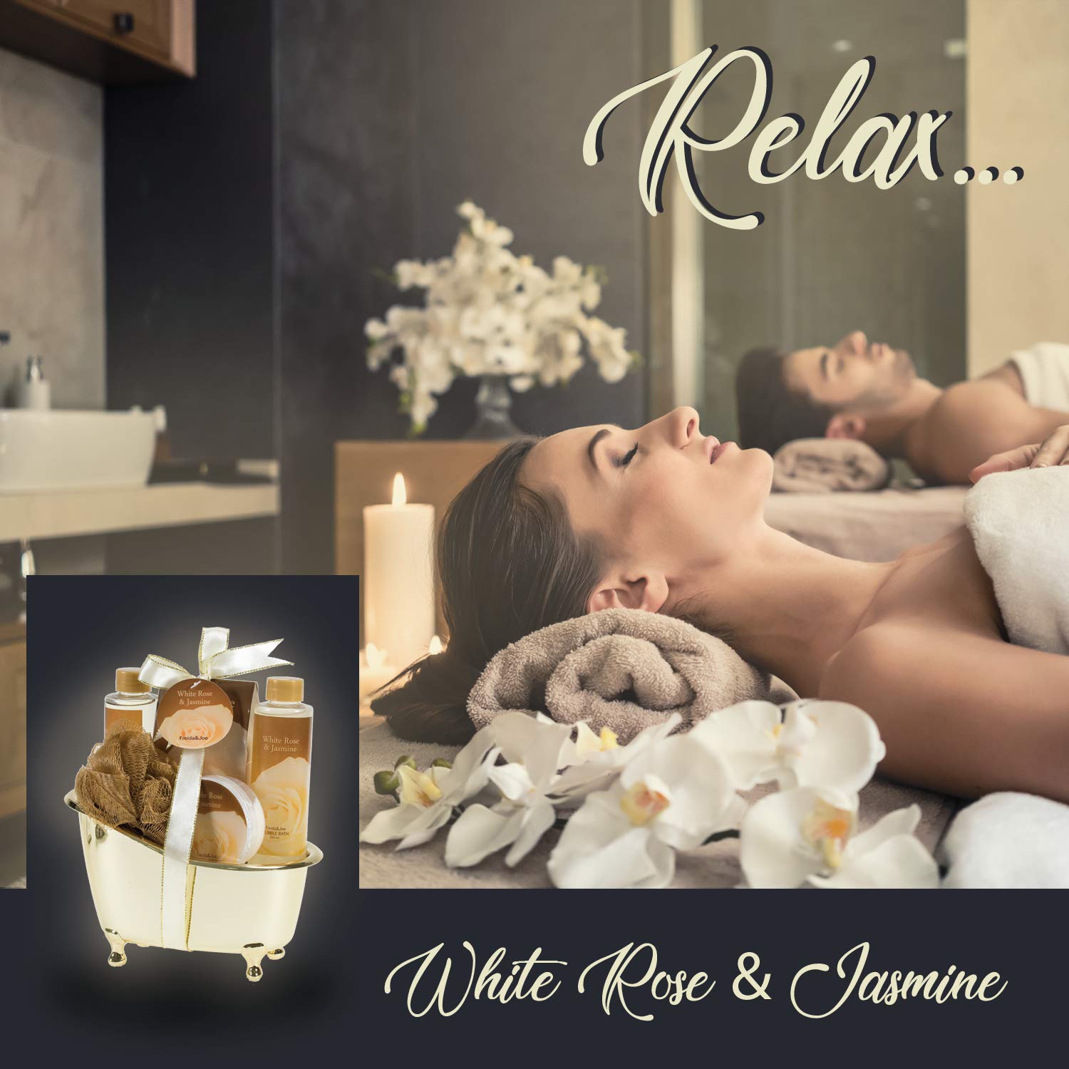 White Rose Jasmine Spa Set For Women In Elegant Gold Tub Includes Shower Gel, Bubble Bath, Body Lotion, Jasmine Bath Salt, Pouf,