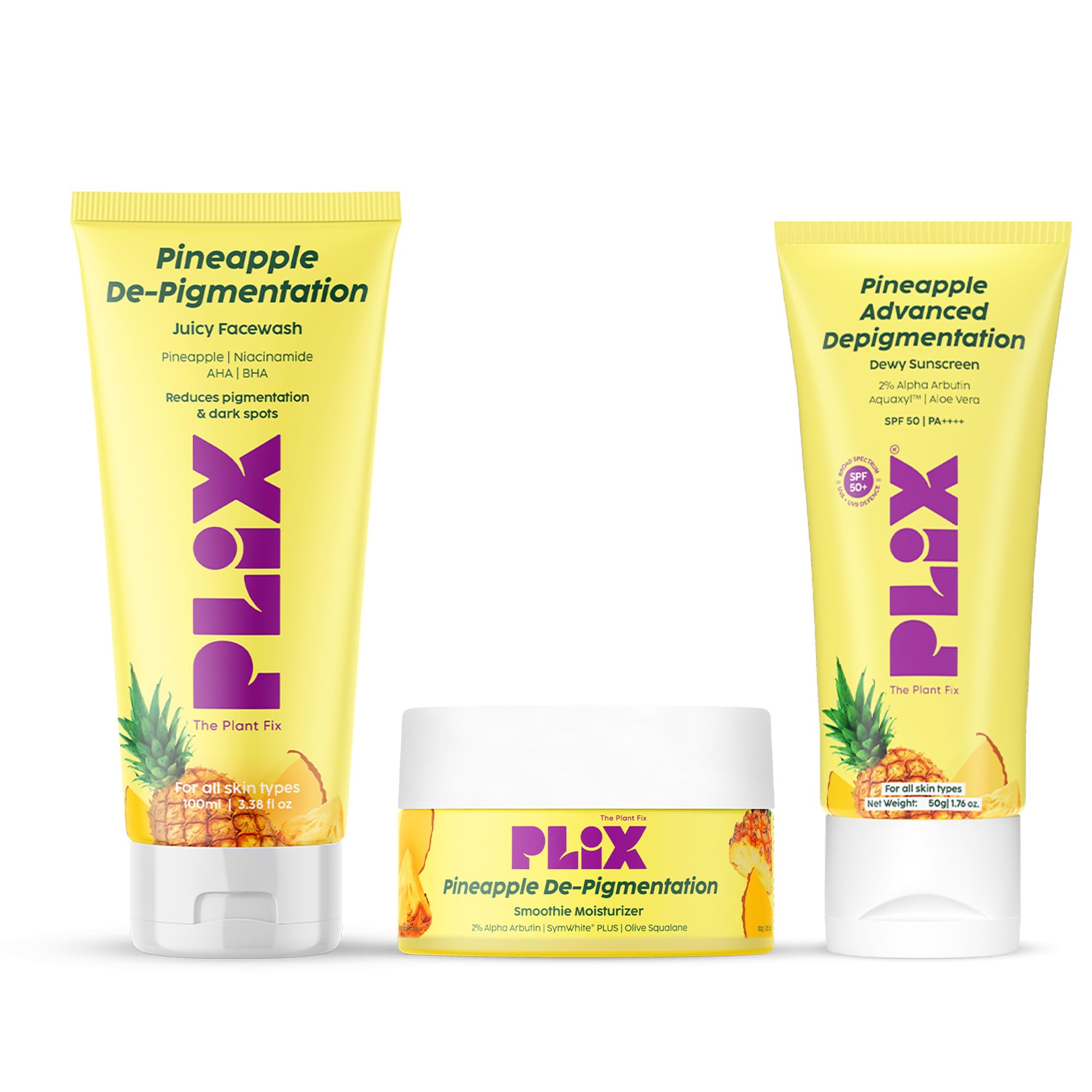 The Plant Fix Plix Pineapple Depigmentation Regime For Bright & Even Skin|With Juicy Cleanser, Smoothie Moisturizer & Sunscreen 