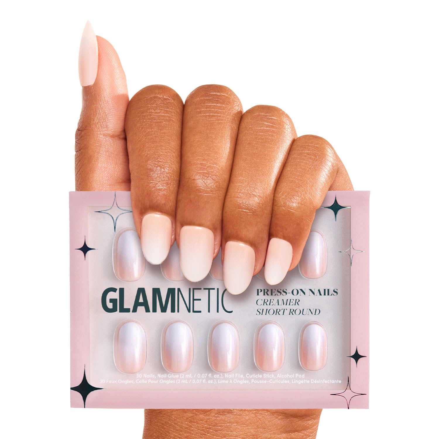 Glamnetic Press On Nails - Creamer | UV Finish Neutral Ombre Short Round Nails, Reusable | 15 Sizes - 30 Nail Kit with Glue