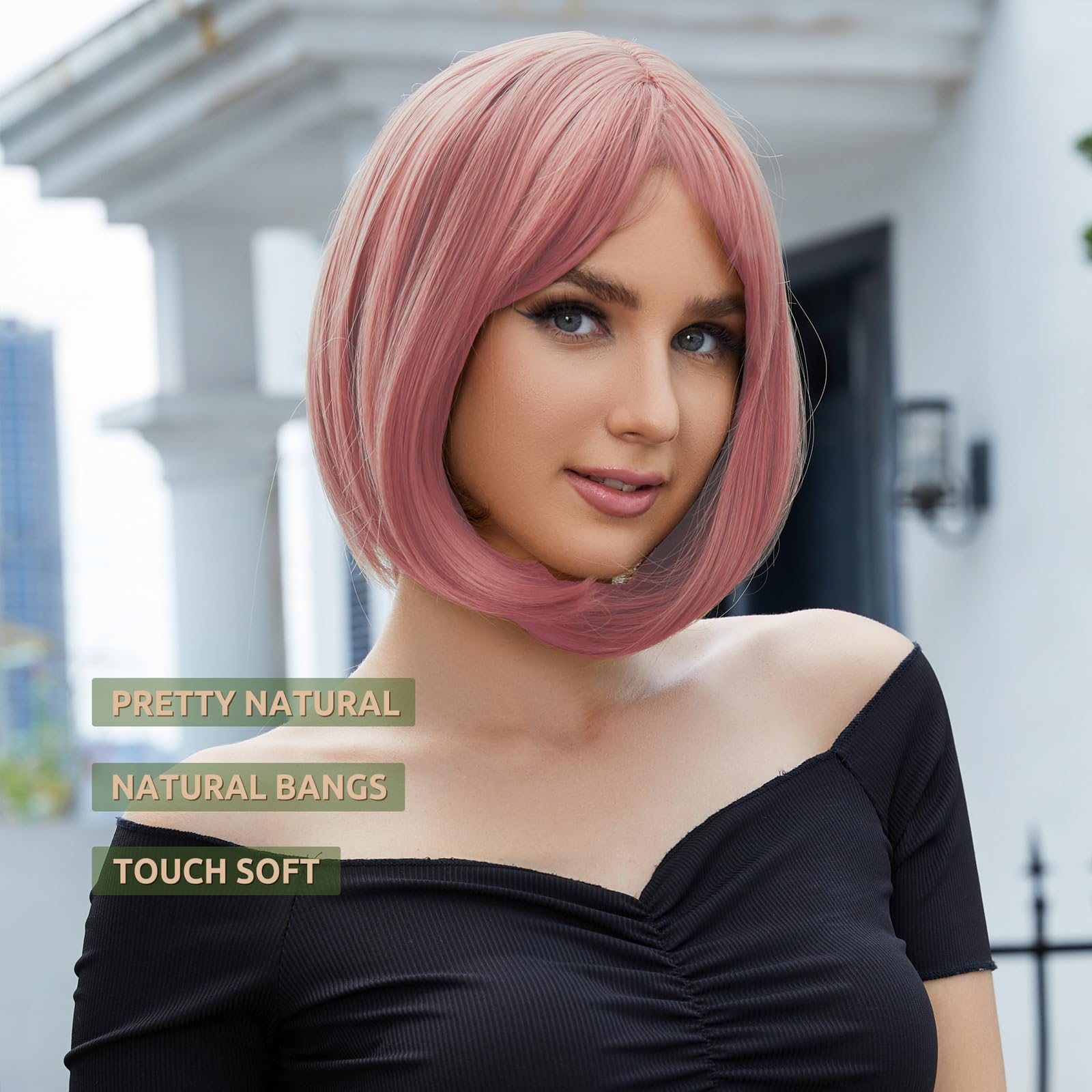 Onpep Pink Wig With Bangs Short Bob Natural Looking Wigs For Women Straight Shoulder Length Heat Resistant Synthetic Wigs