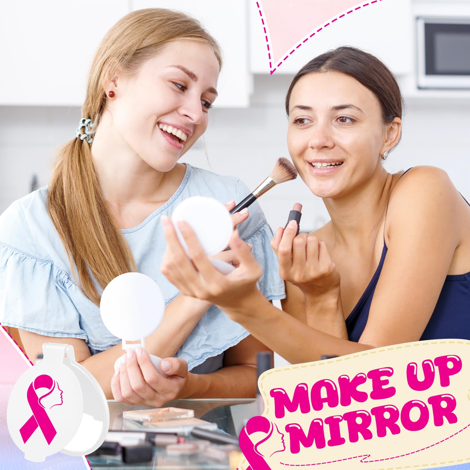 Huwena 100 Pcs Breast Cancer Awareness Accessories Gift Bulk White Pink Ribbon Breast Cancer Compact Mirror for Women Small Pock