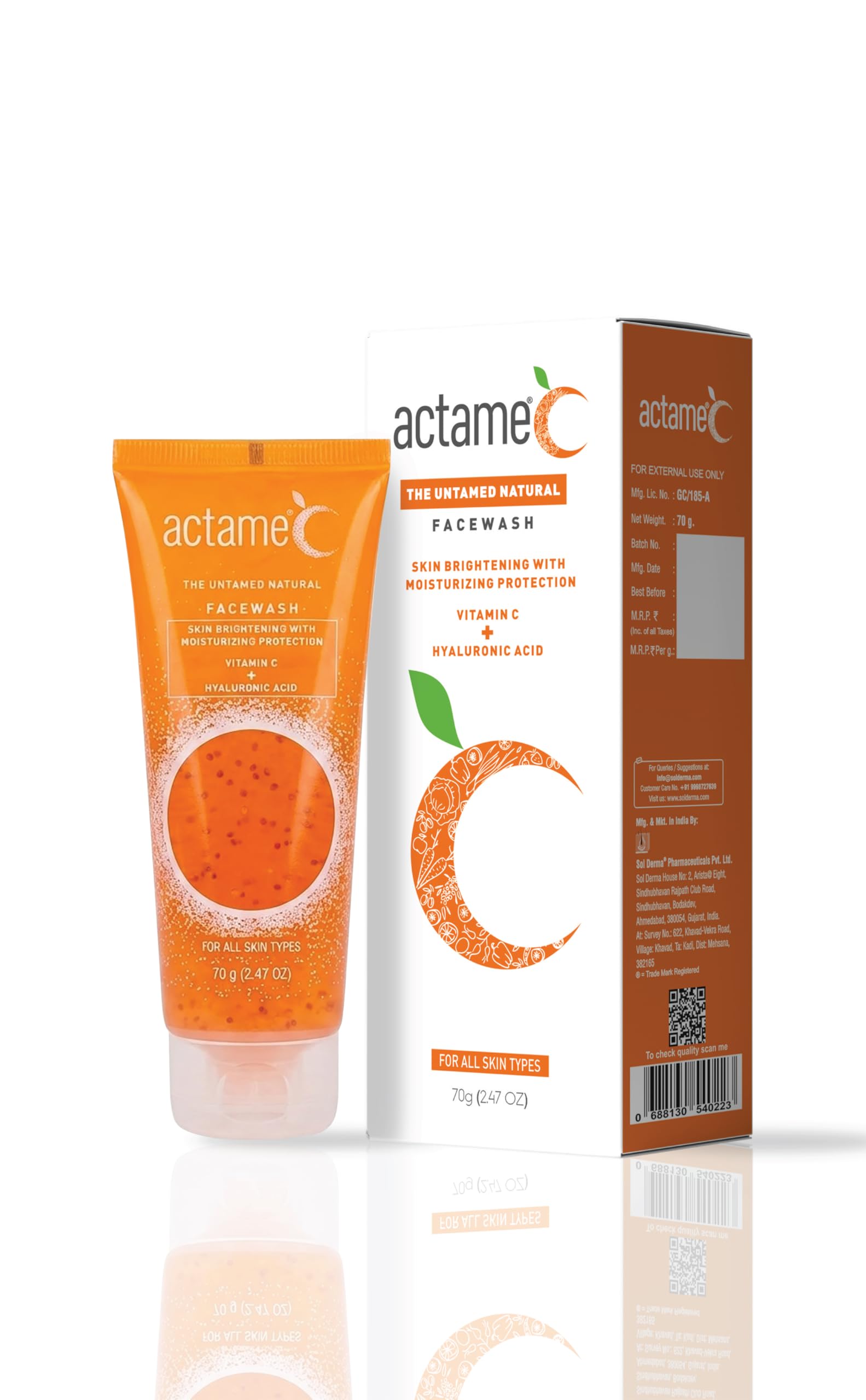 Actame C Face Wash | Vitamin C & Acne Care Cleanser For Oily & Acne-Prone Skin | Helps Reduce Pimples & Excess Oil | 70 G