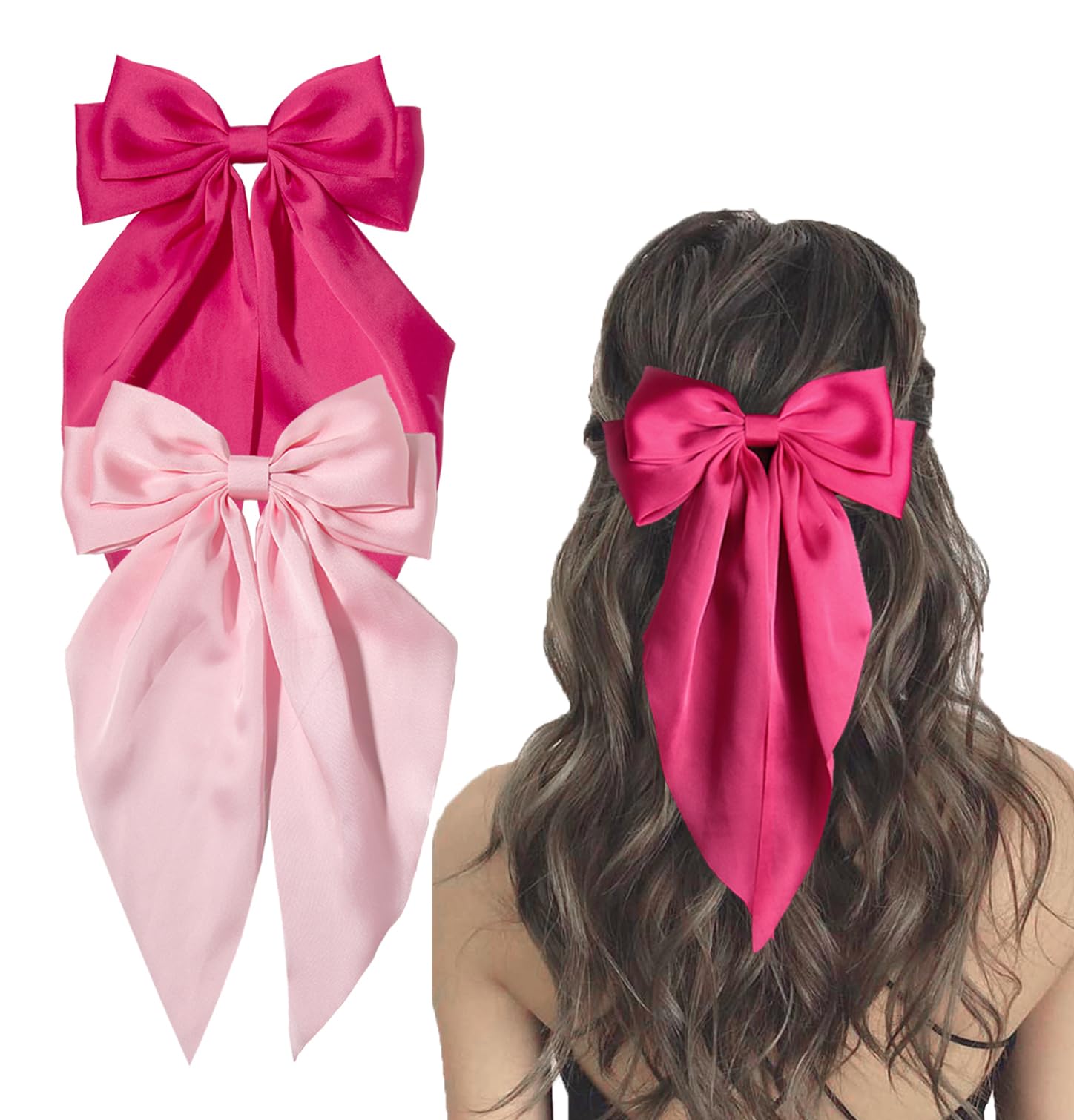 Furling Pompoms Hair Bows Clip, Hot Pink Bow for Women's Hair - 2 Pack, Elegant Satin Bow Hair Accessories for Birthday, Wedding