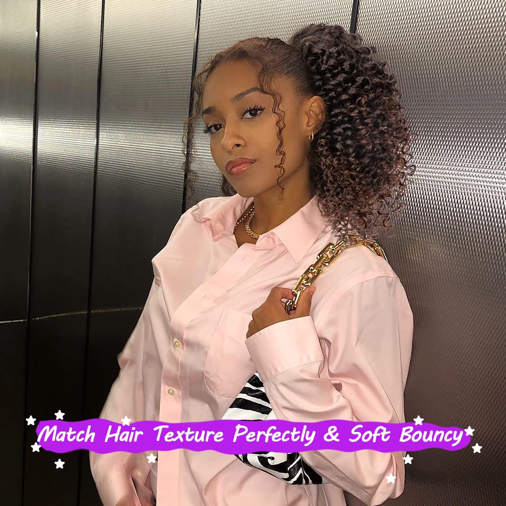 Rosmile Short Kinky Curly Ponytail Extension For Black Women, 10 Inch Ombre Natural Black To Brown Drawstring Curly Ponytail Wit