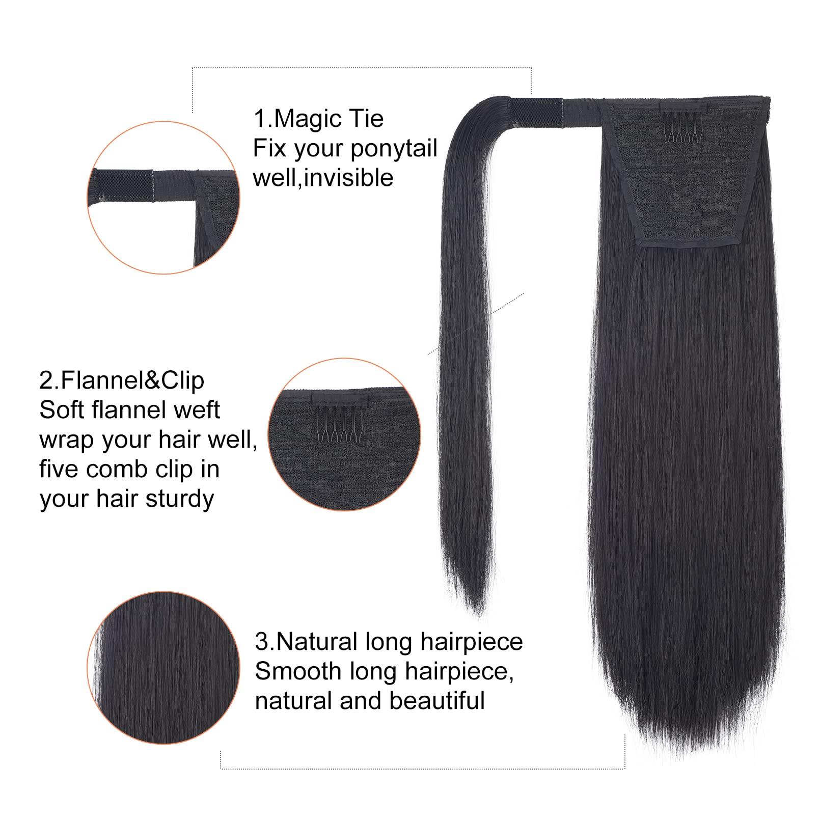 SEIKEA Clip in Ponytail Extension Wrap Around Straight Hair for Women (16 ' ', Black)