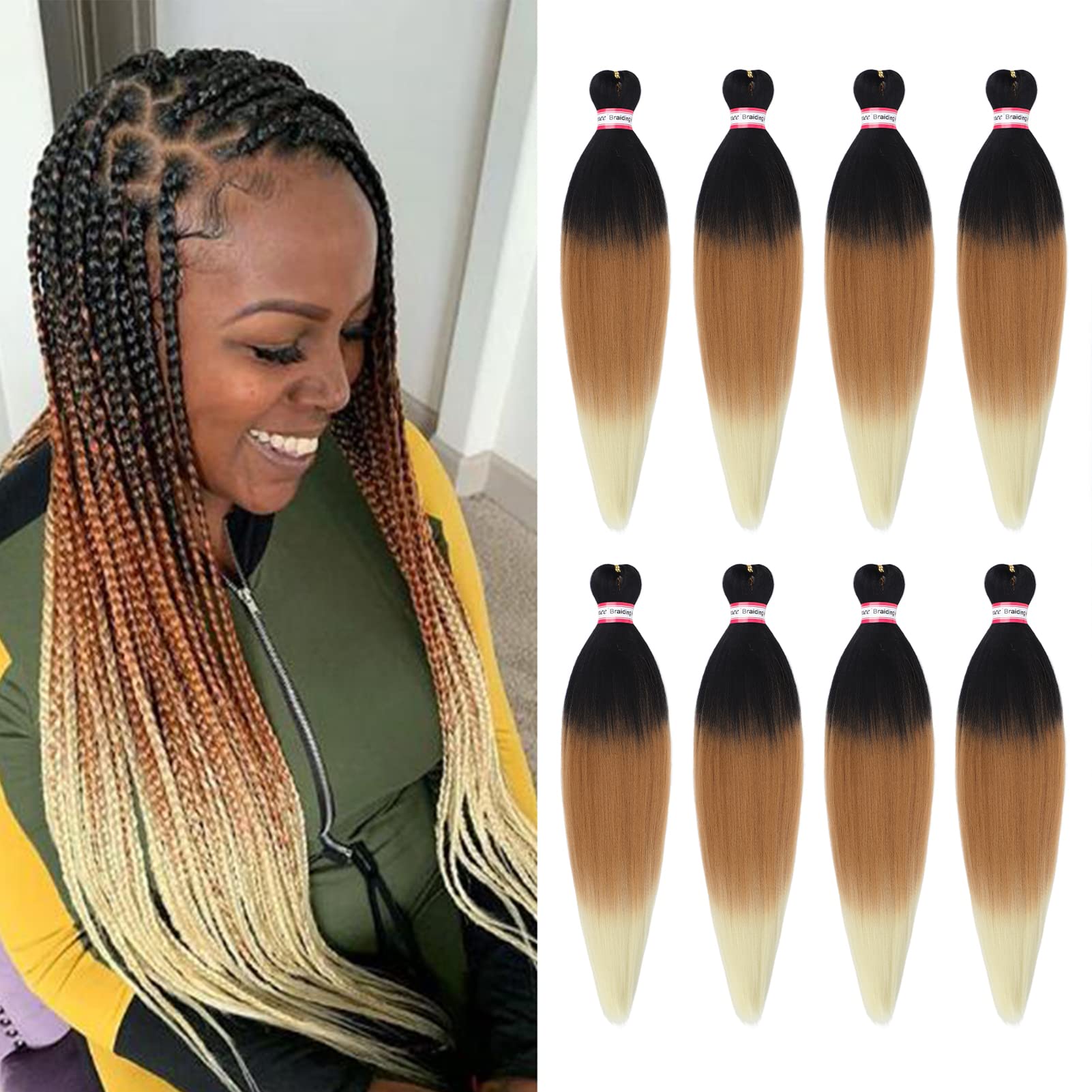 Pre Stretched Braiding Hair 8 Packs 20 Inch Ombre Braiding Hair Natural Easy Twist Braids Synthetic Crochet Hair Hot Water Setti