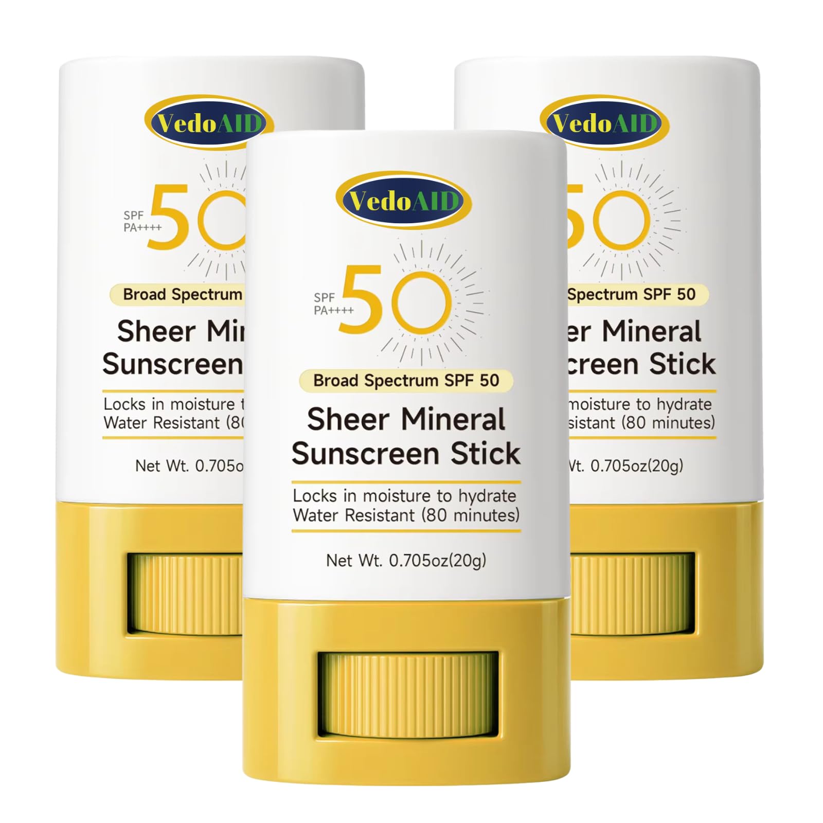 VedoAID Sheer Mineral Sunscreen Stick, SPF 50 Broad Spectrum, Water Resistant, Hydrating with Vitamin E, Zinc Oxide, 0.705 oz (3