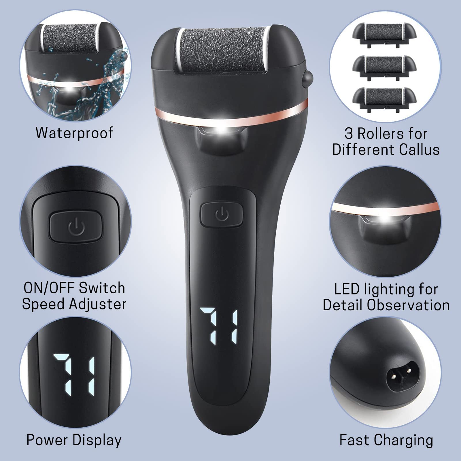 Vacto Electric Foot Callus Remover 14-In-1 Rechargeable Foot File Pedicure Kit Foot Care Tools With 3 Rollers 2 Speed Led Batter